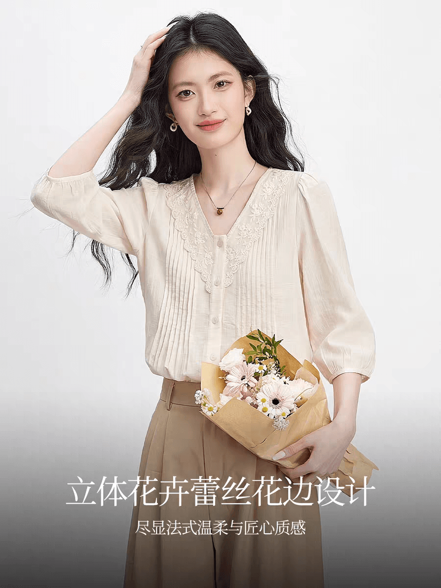 프랑스식 레이스 레이스 V넥 여성 셔츠 질감 센스 플리츠 디자인 센스 작은 대중 봄 슬림해 보이는 다용도 맨위 이미지 4
