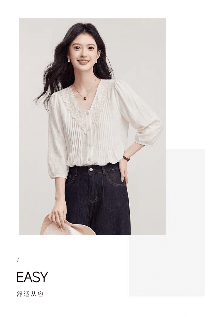 프랑스식 레이스 레이스 V넥 여성 셔츠 질감 센스 플리츠 디자인 센스 작은 대중 봄 슬림해 보이는 다용도 맨위 상세 이미지 9