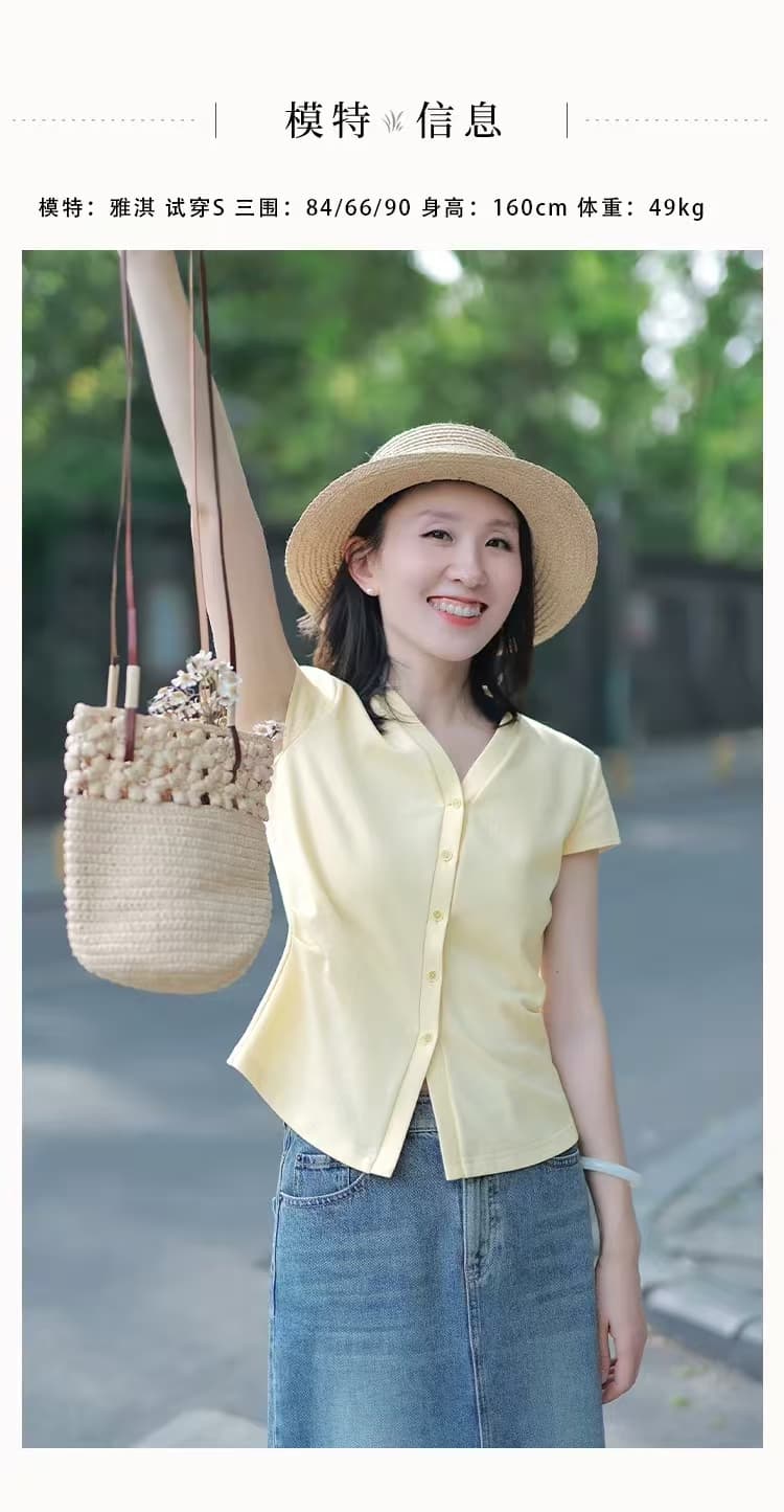 부드러운 바람 V넥 반팔 티셔츠 여성 표지 배 슬림해 보이는 허리 수축 디자인 센스 작은 대중 맨위 다용도 기본 셔츠 여름 상세 이미지 8