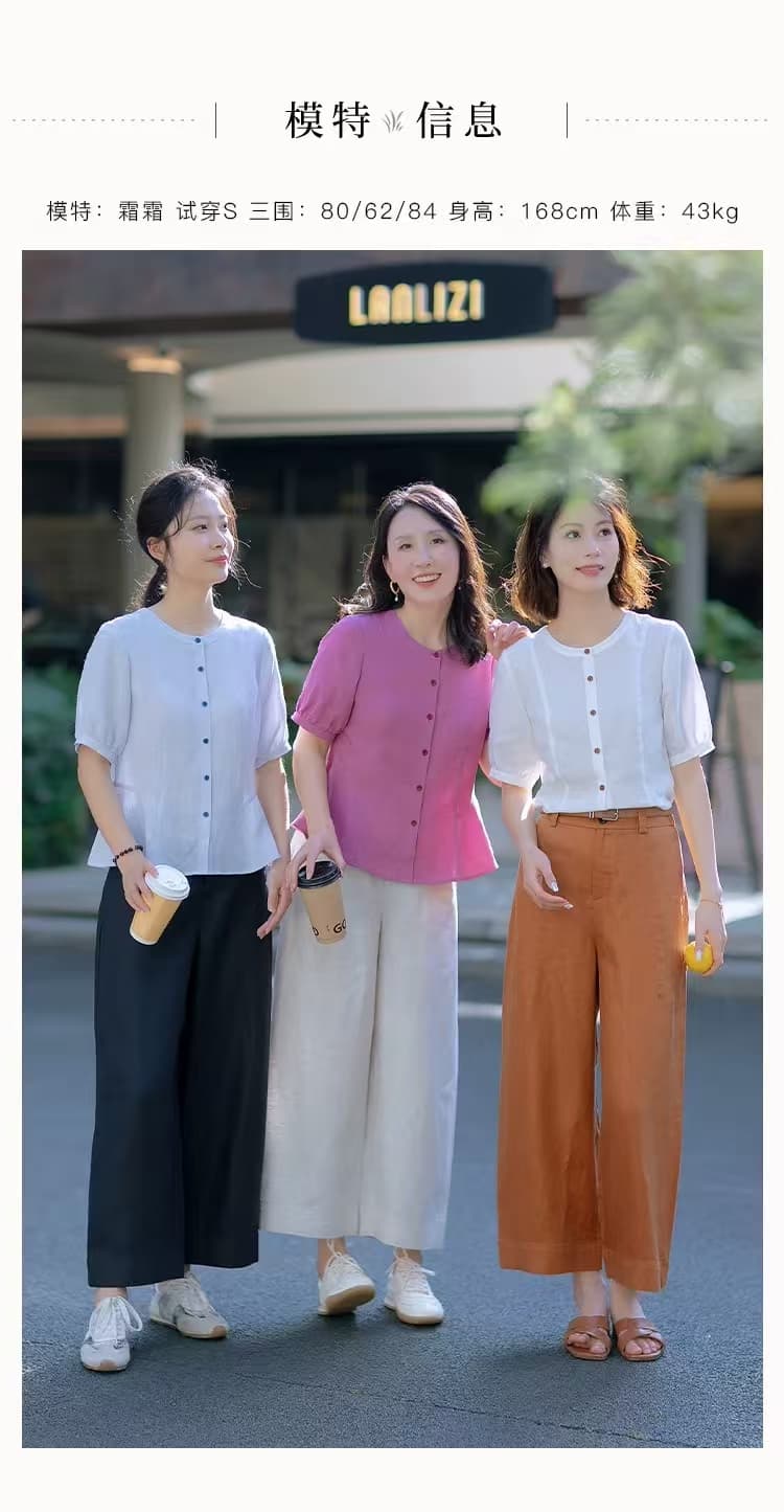 중년 엄마 면 린넨 여성 셔츠 2026 여름 드레스 새로운 라운드 넥 얇은 스타일 통기성 허리 수축 슬림해 보이는 반팔 맨위 상세 이미지 1