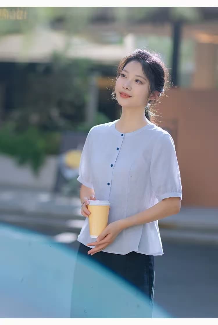 중년 엄마 면 린넨 여성 셔츠 2026 여름 드레스 새로운 라운드 넥 얇은 스타일 통기성 허리 수축 슬림해 보이는 반팔 맨위 상세 이미지 12
