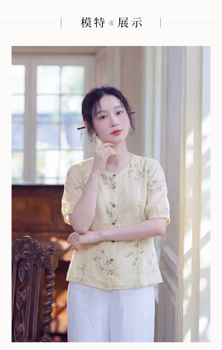 새로운 중식 국풍 프린트 면 린넨 여성 셔츠 여름 얇은 스타일 라운드 넥 허리 수축 거품 소매 부드러운 품격 맨위 상세 이미지 3