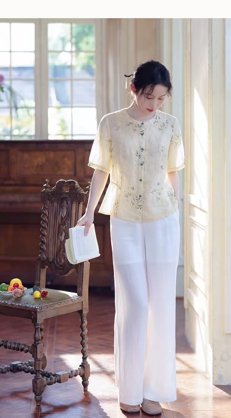 새로운 중식 국풍 프린트 면 린넨 여성 셔츠 여름 얇은 스타일 라운드 넥 허리 수축 거품 소매 부드러운 품격 맨위 상세 이미지 6