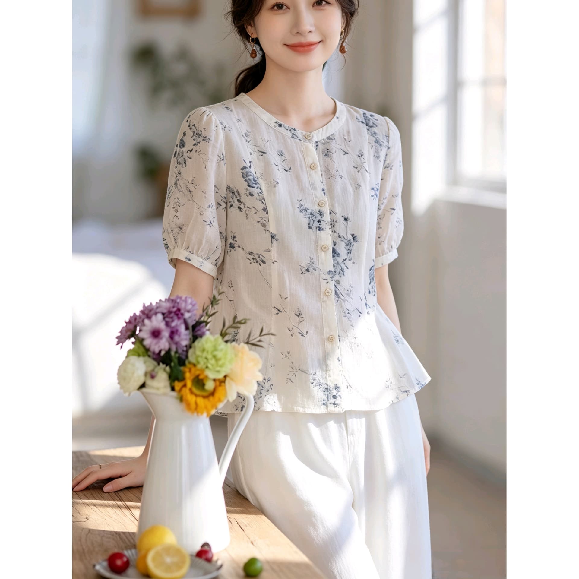 실사 강남 바람 새로운 중식 꽃무늬 셔츠 면 린넨 통기성 레트로 라운드 넥 허리 수축 원 웨이 품격 맨위 이미지 6