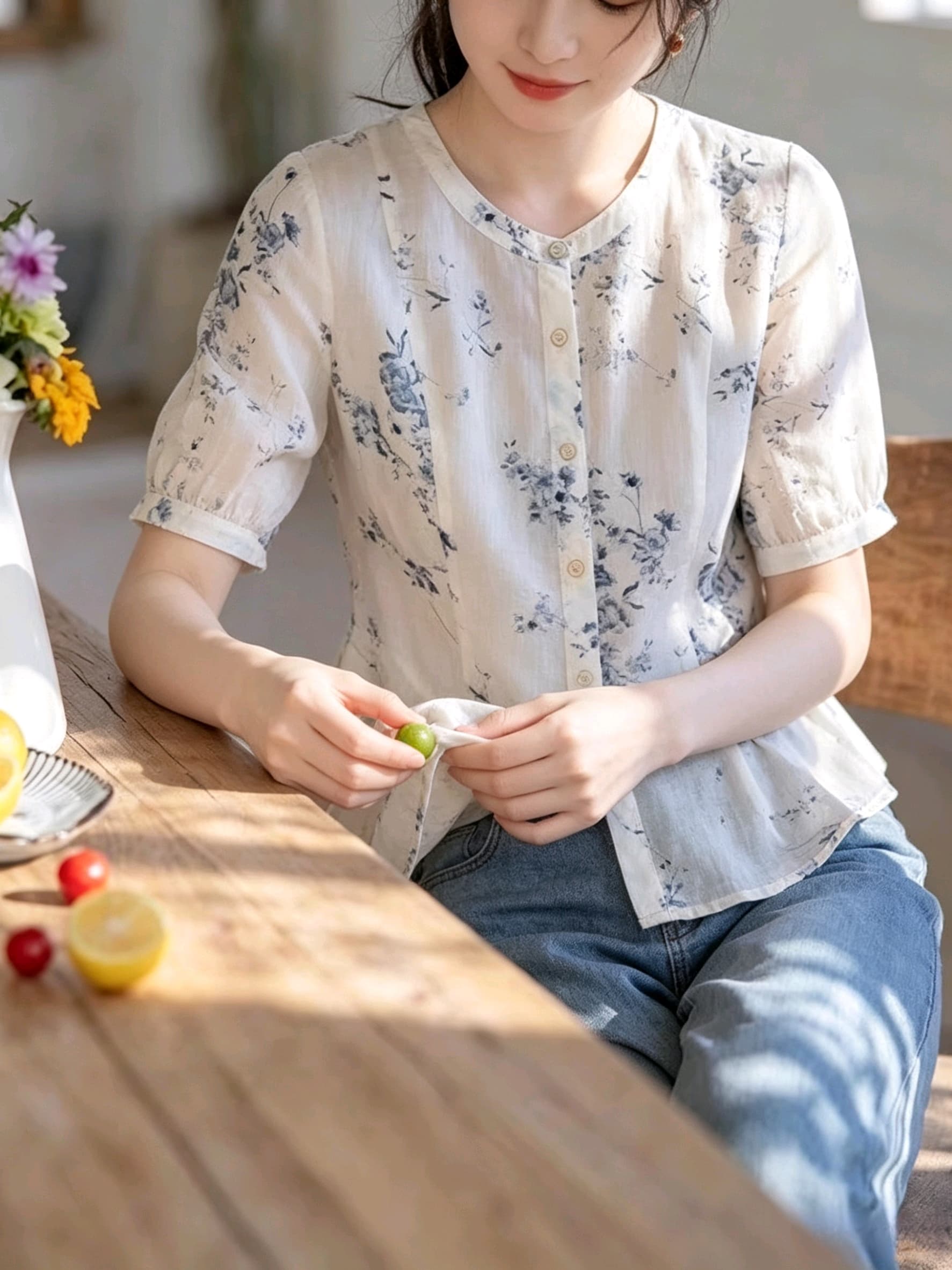 실사 강남 바람 새로운 중식 꽃무늬 셔츠 면 린넨 통기성 레트로 라운드 넥 허리 수축 원 웨이 품격 맨위 상세 이미지 1