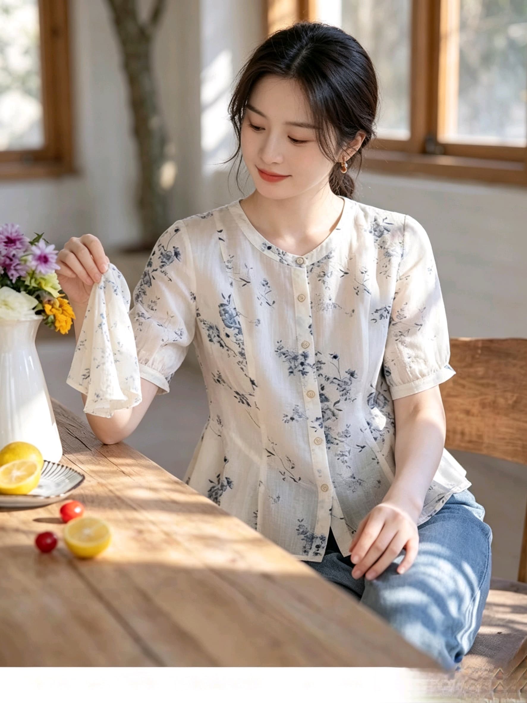 실사 강남 바람 새로운 중식 꽃무늬 셔츠 면 린넨 통기성 레트로 라운드 넥 허리 수축 원 웨이 품격 맨위 상세 이미지 2