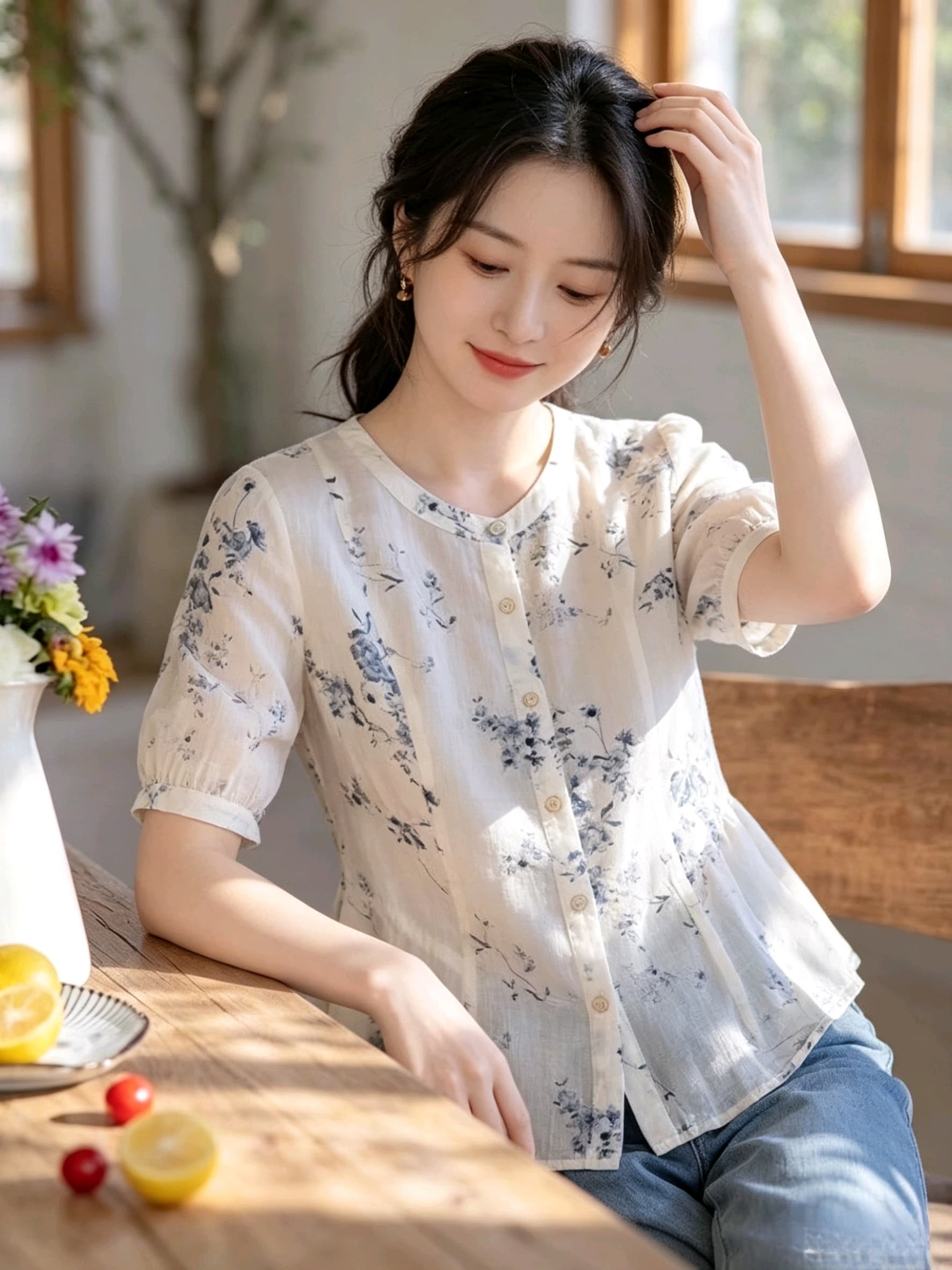 실사 강남 바람 새로운 중식 꽃무늬 셔츠 면 린넨 통기성 레트로 라운드 넥 허리 수축 원 웨이 품격 맨위 상세 이미지 3