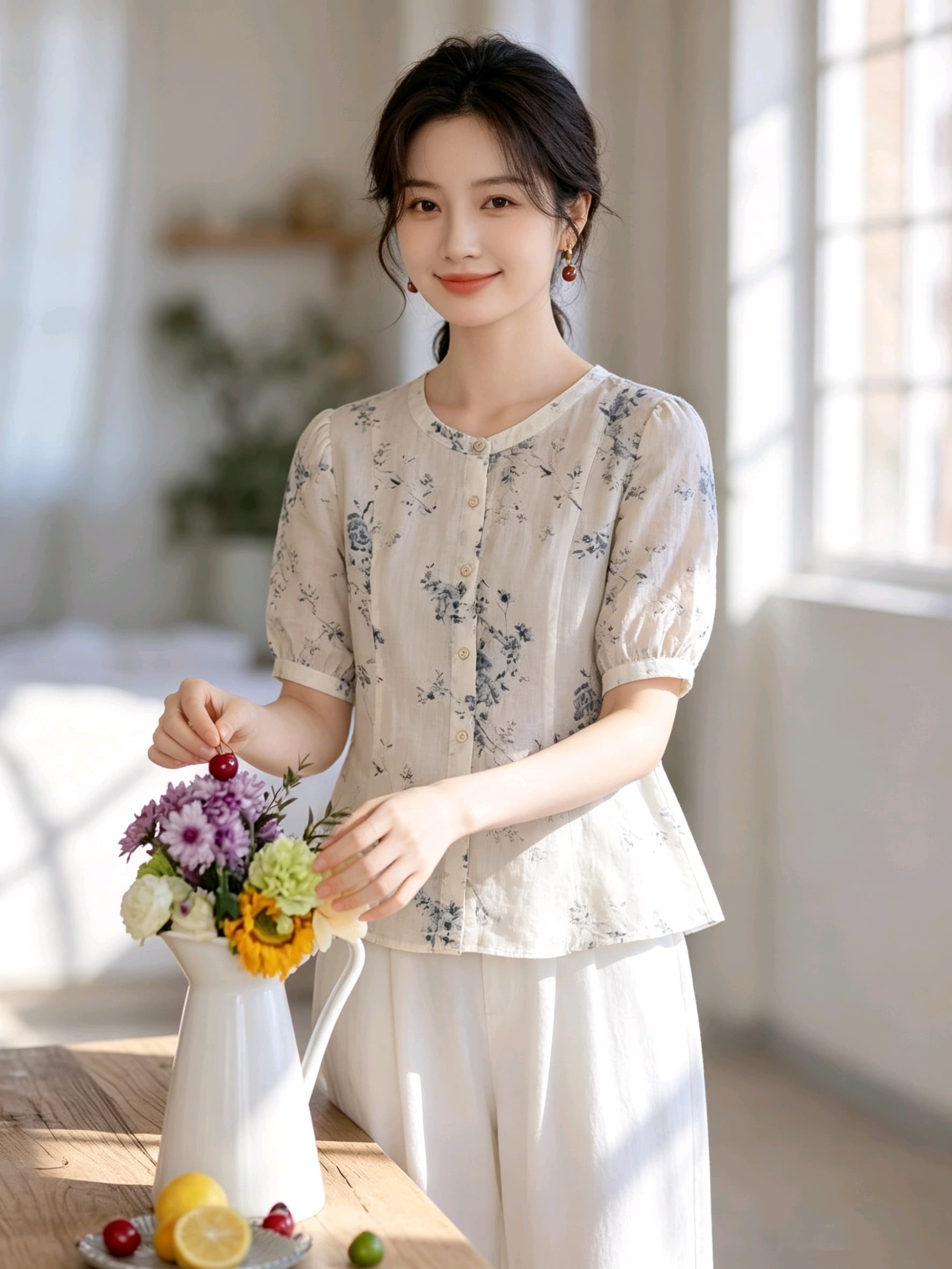 실사 강남 바람 새로운 중식 꽃무늬 셔츠 면 린넨 통기성 레트로 라운드 넥 허리 수축 원 웨이 품격 맨위 상세 이미지 5