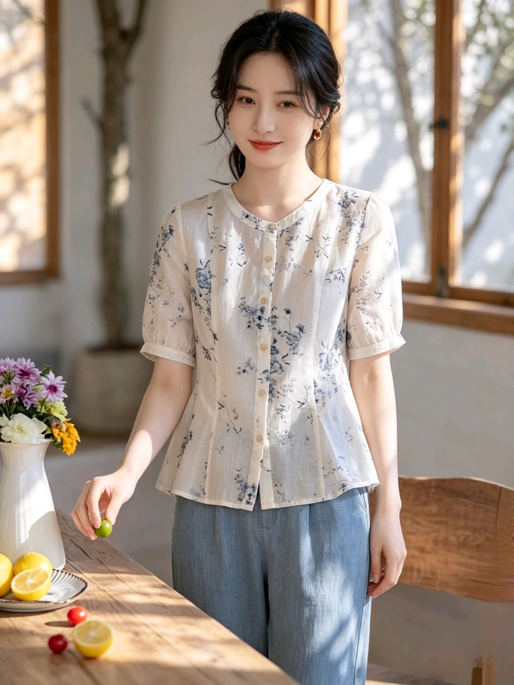 실사 강남 바람 새로운 중식 꽃무늬 셔츠 면 린넨 통기성 레트로 라운드 넥 허리 수축 원 웨이 품격 맨위 상세 이미지 6