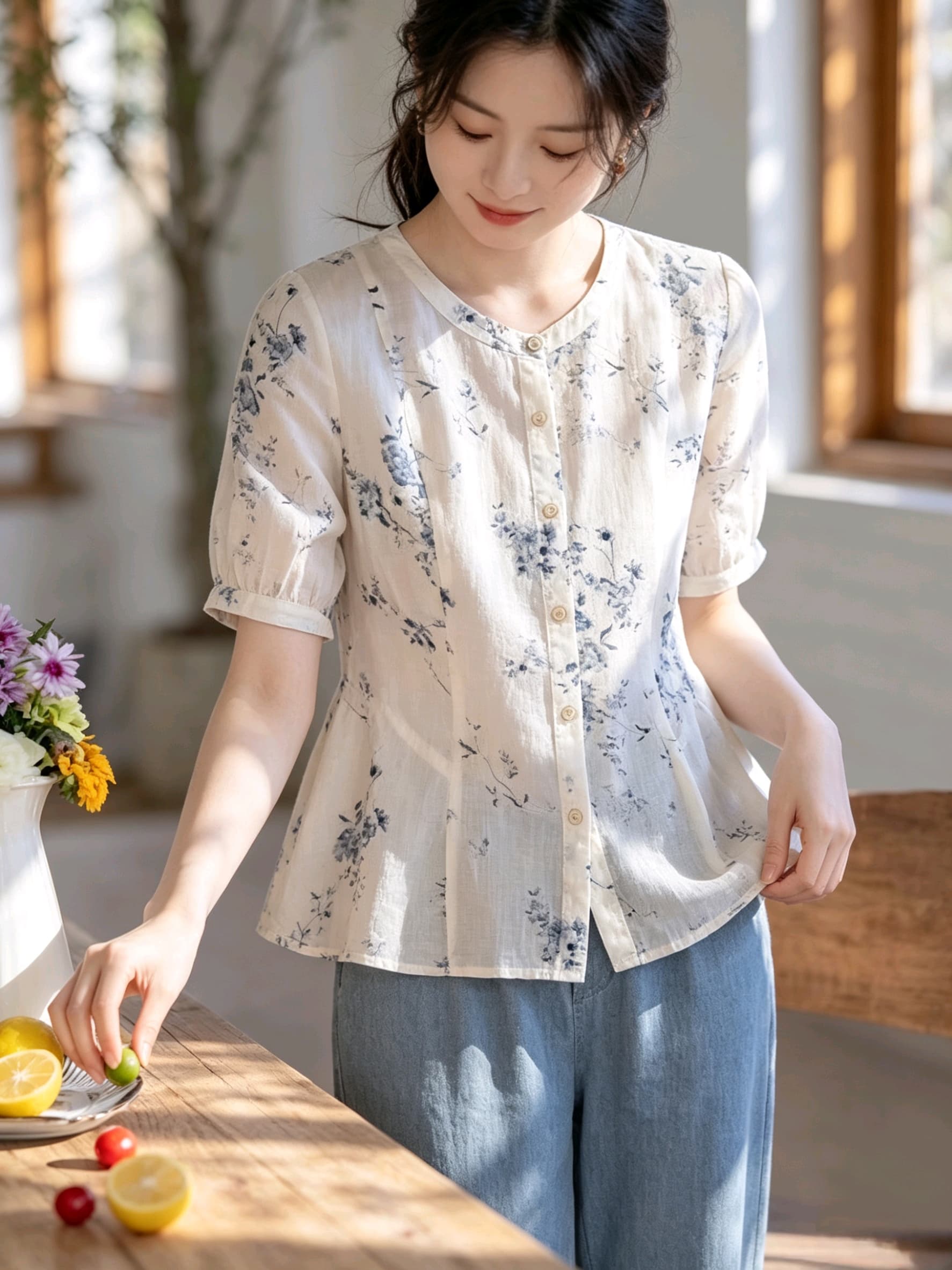 실사 강남 바람 새로운 중식 꽃무늬 셔츠 면 린넨 통기성 레트로 라운드 넥 허리 수축 원 웨이 품격 맨위 상세 이미지 8