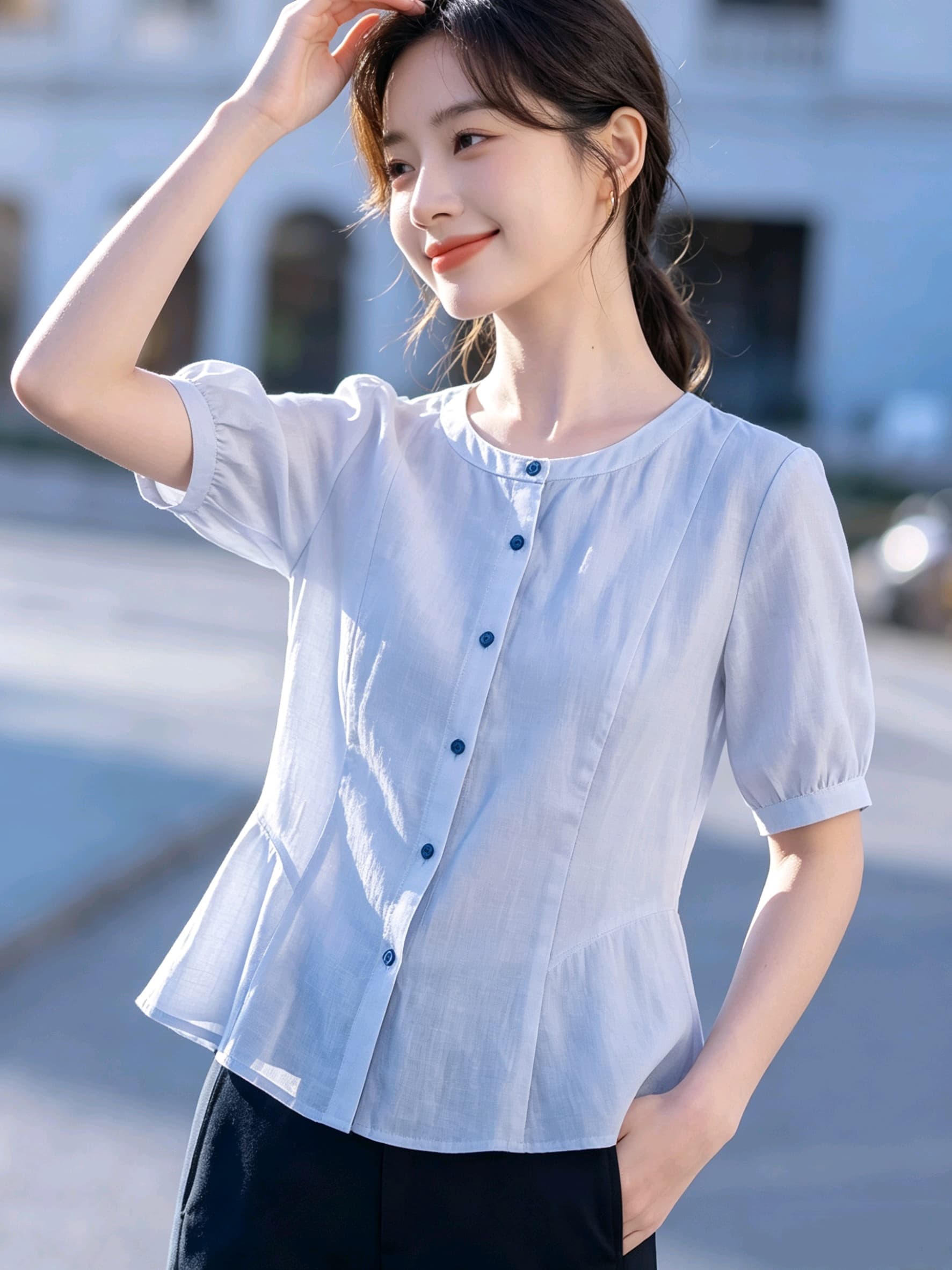 실사 프랑스식 허리 수축 여성 셔츠 여름 면 린넨 통기성 라운드 넥 반팔 출퇴근 품격 슬림해 보이는 백 잡아라.