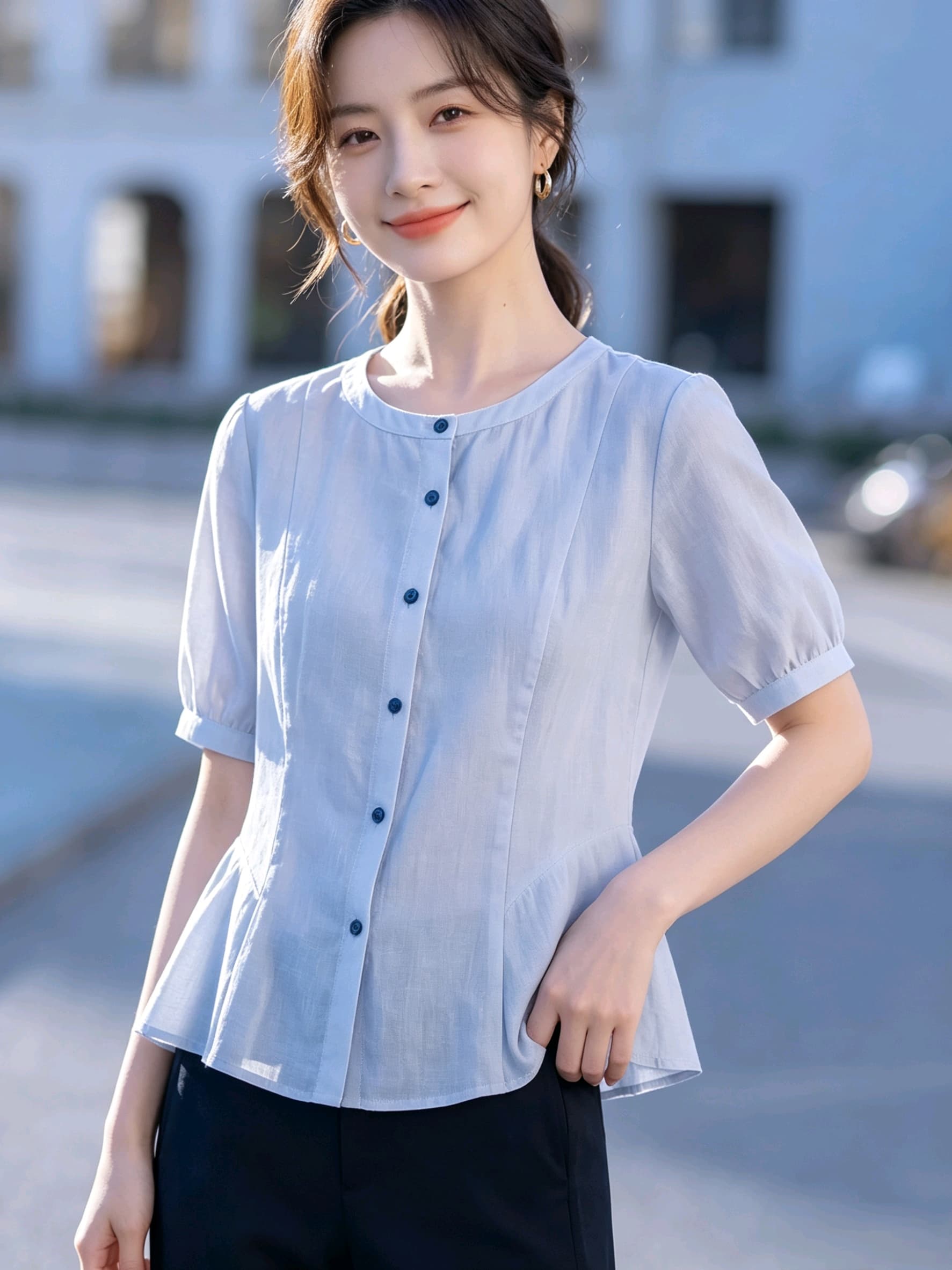 실사 프랑스식 허리 수축 여성 셔츠 여름 면 린넨 통기성 라운드 넥 반팔 출퇴근 품격 슬림해 보이는 백 잡아라. 이미지 3