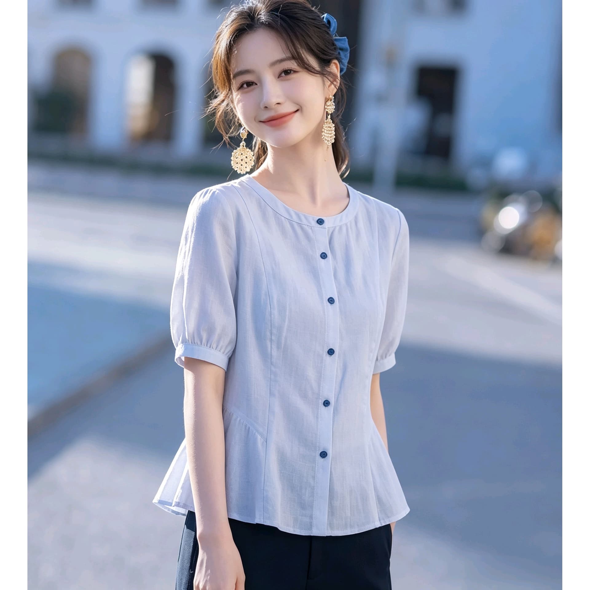 실사 프랑스식 허리 수축 여성 셔츠 여름 면 린넨 통기성 라운드 넥 반팔 출퇴근 품격 슬림해 보이는 백 잡아라. 이미지 5