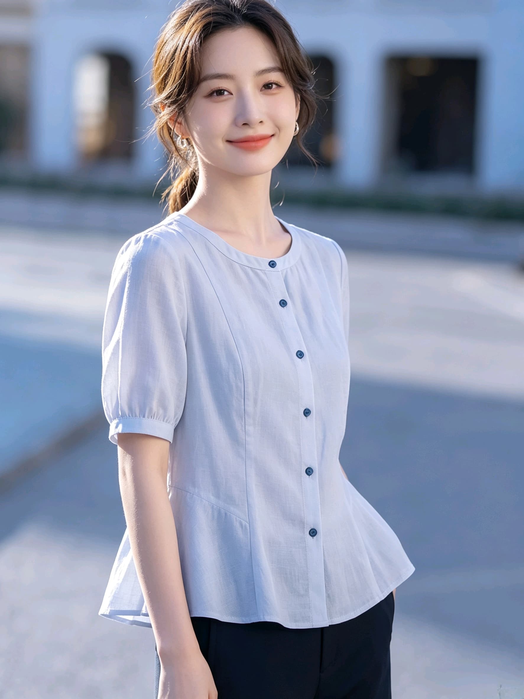 실사 프랑스식 허리 수축 여성 셔츠 여름 면 린넨 통기성 라운드 넥 반팔 출퇴근 품격 슬림해 보이는 백 잡아라. 상세 이미지 4