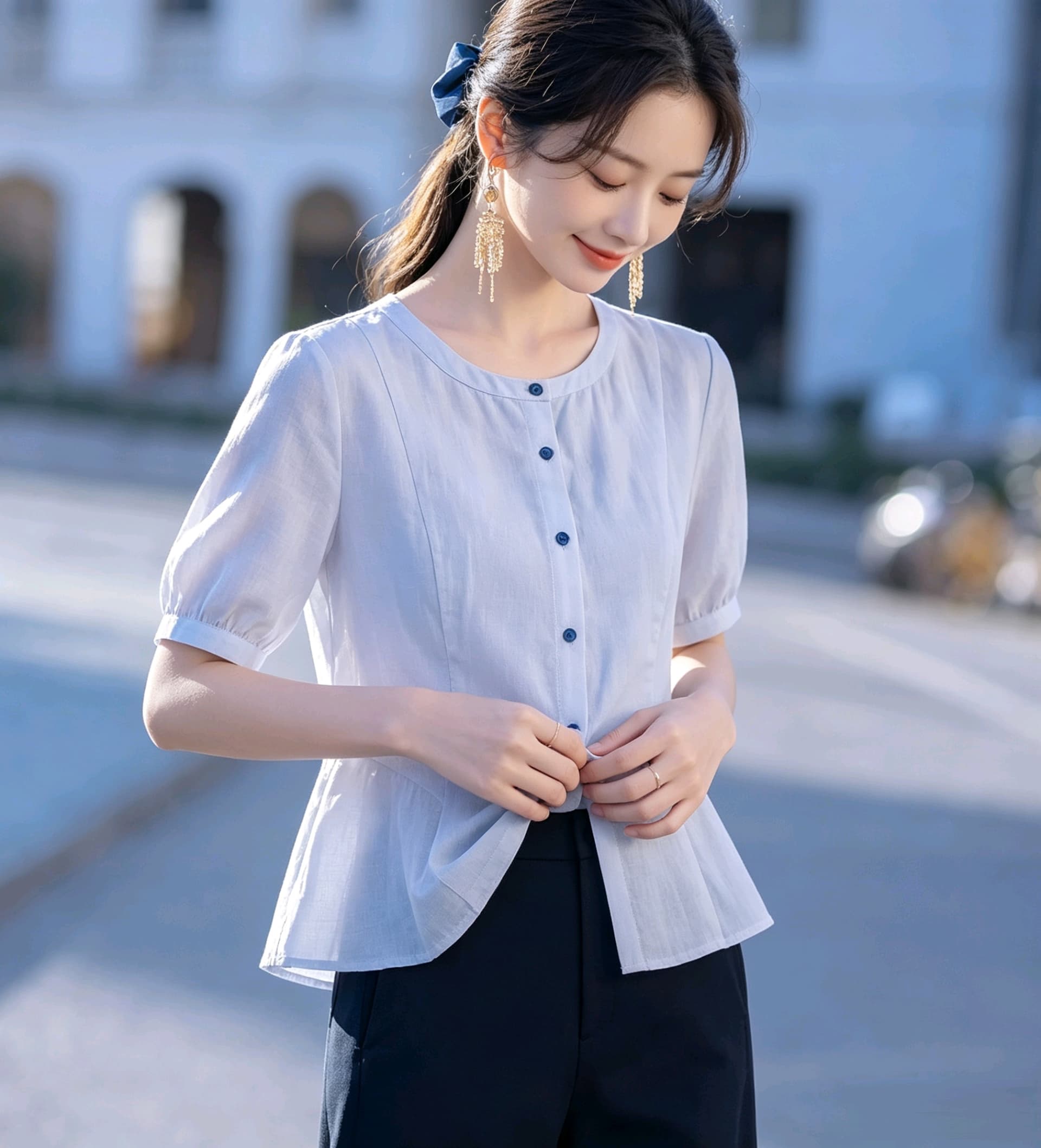실사 프랑스식 허리 수축 여성 셔츠 여름 면 린넨 통기성 라운드 넥 반팔 출퇴근 품격 슬림해 보이는 백 잡아라. 상세 이미지 5