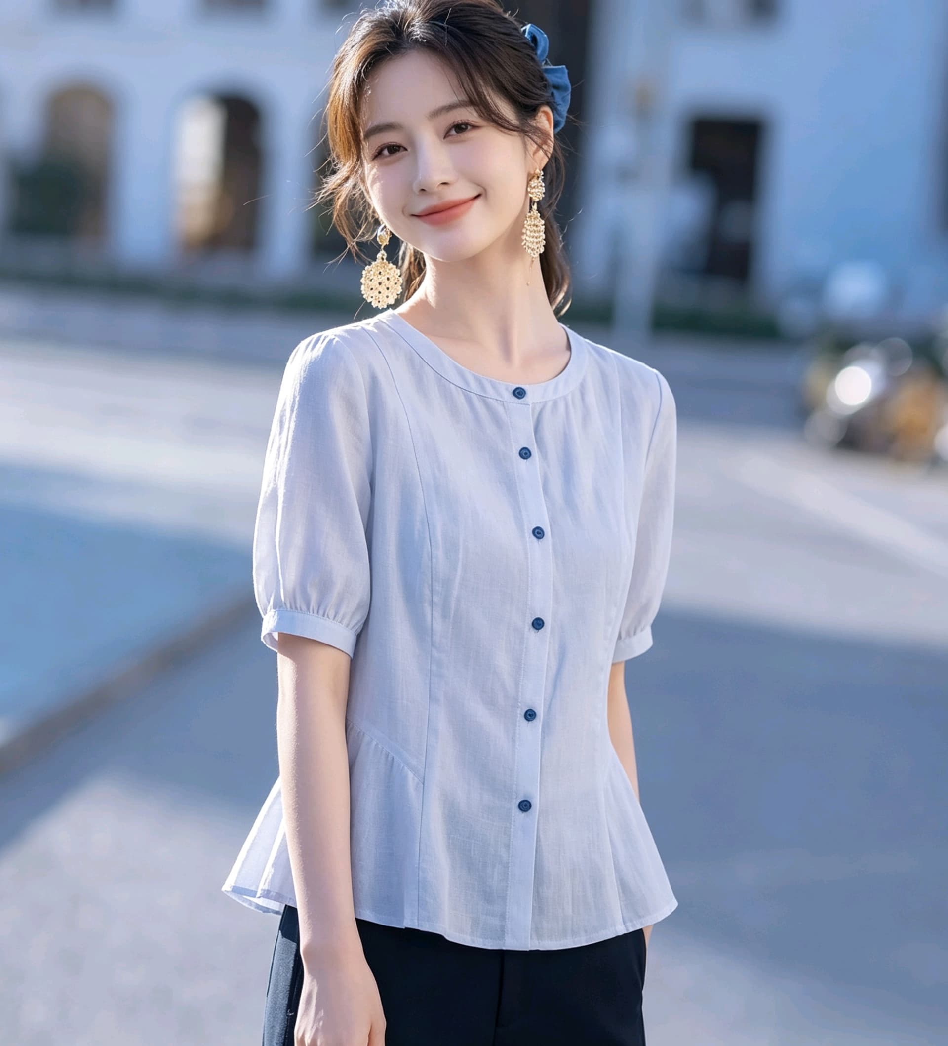 실사 프랑스식 허리 수축 여성 셔츠 여름 면 린넨 통기성 라운드 넥 반팔 출퇴근 품격 슬림해 보이는 백 잡아라. 상세 이미지 6