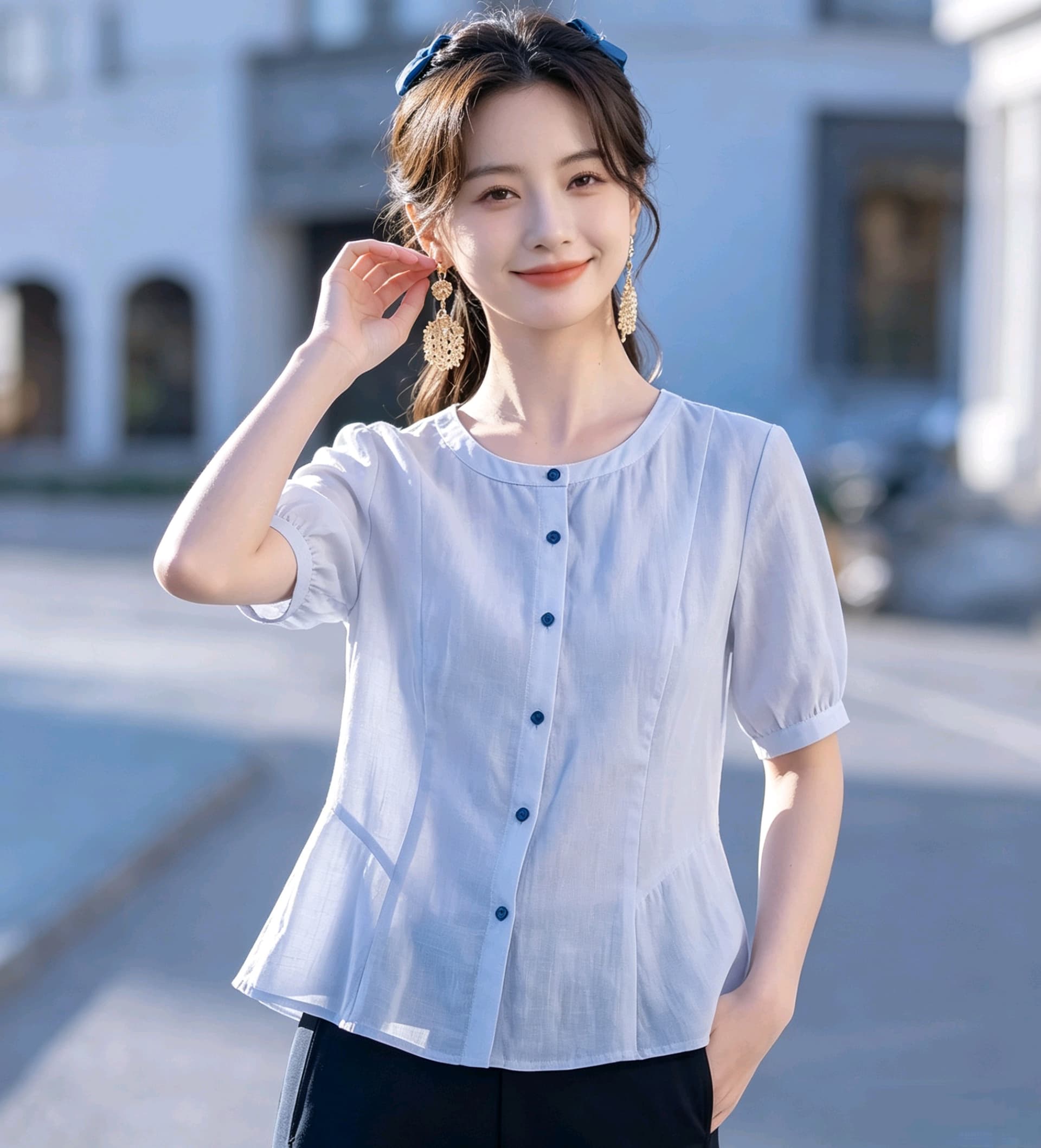 실사 프랑스식 허리 수축 여성 셔츠 여름 면 린넨 통기성 라운드 넥 반팔 출퇴근 품격 슬림해 보이는 백 잡아라. 상세 이미지 7