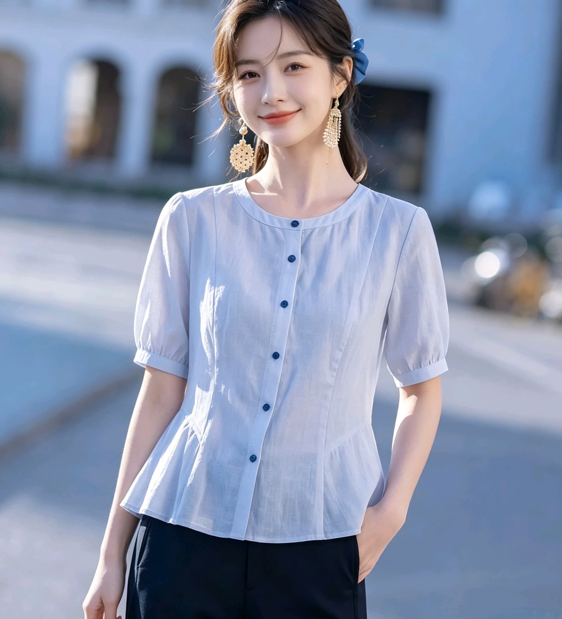 실사 프랑스식 허리 수축 여성 셔츠 여름 면 린넨 통기성 라운드 넥 반팔 출퇴근 품격 슬림해 보이는 백 잡아라. 상세 이미지 8