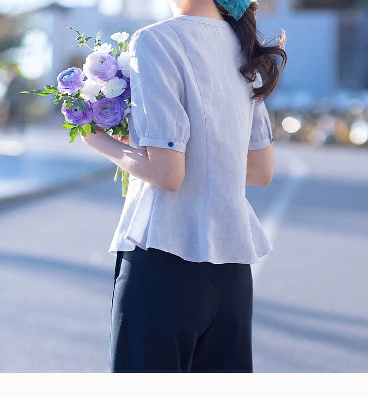 실사 프랑스식 허리 수축 여성 셔츠 여름 면 린넨 통기성 라운드 넥 반팔 출퇴근 품격 슬림해 보이는 백 잡아라. 상세 이미지 9