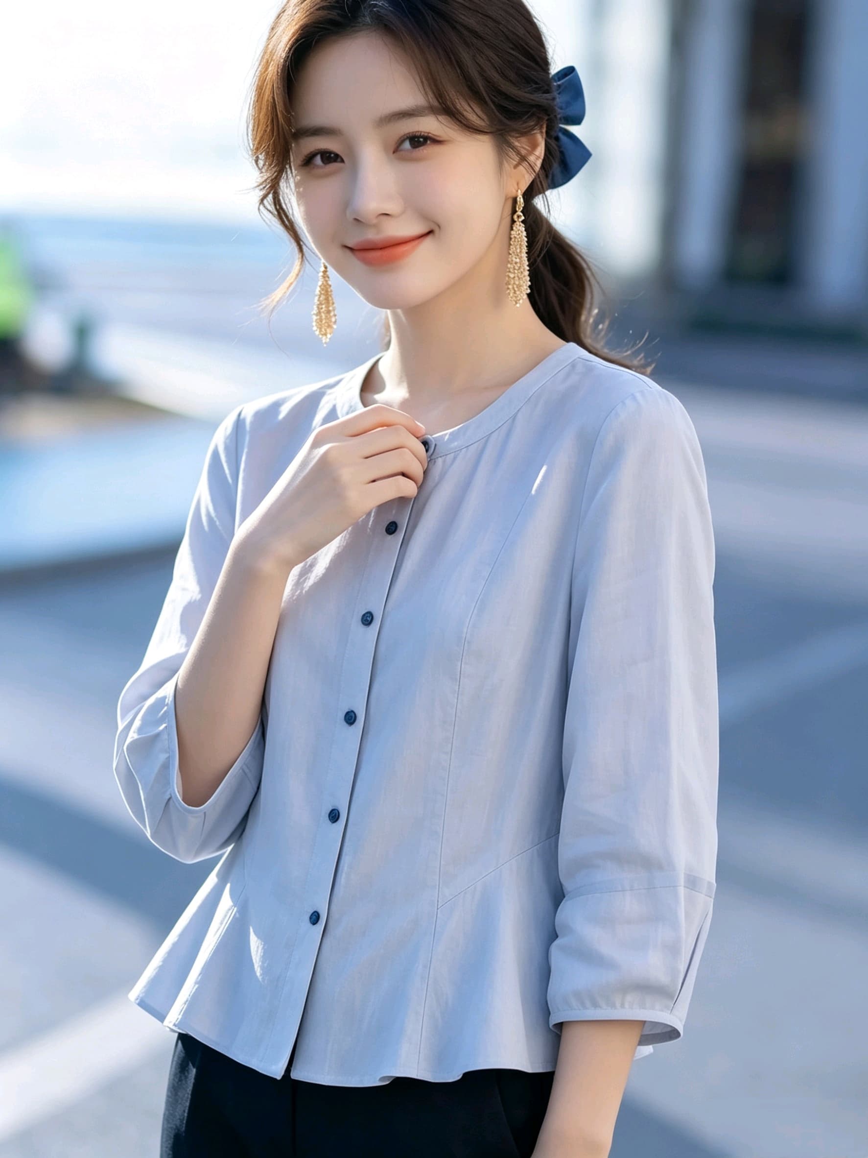 실사 허리 수축 슬림해 보이는 중간 소매 여성 셔츠 여름 얇은 스타일 면 린넨 맨위 출퇴근 미니멀리즘 라운드 넥 거품 소매 셔츠 이미지 3