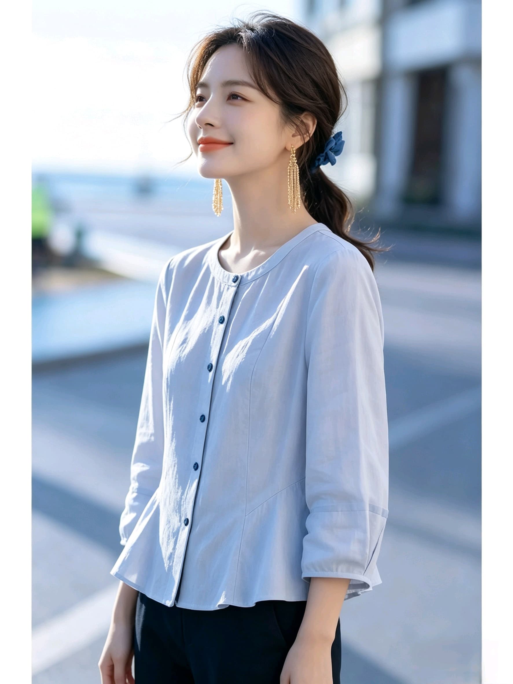 실사 허리 수축 슬림해 보이는 중간 소매 여성 셔츠 여름 얇은 스타일 면 린넨 맨위 출퇴근 미니멀리즘 라운드 넥 거품 소매 셔츠 상세 이미지 2