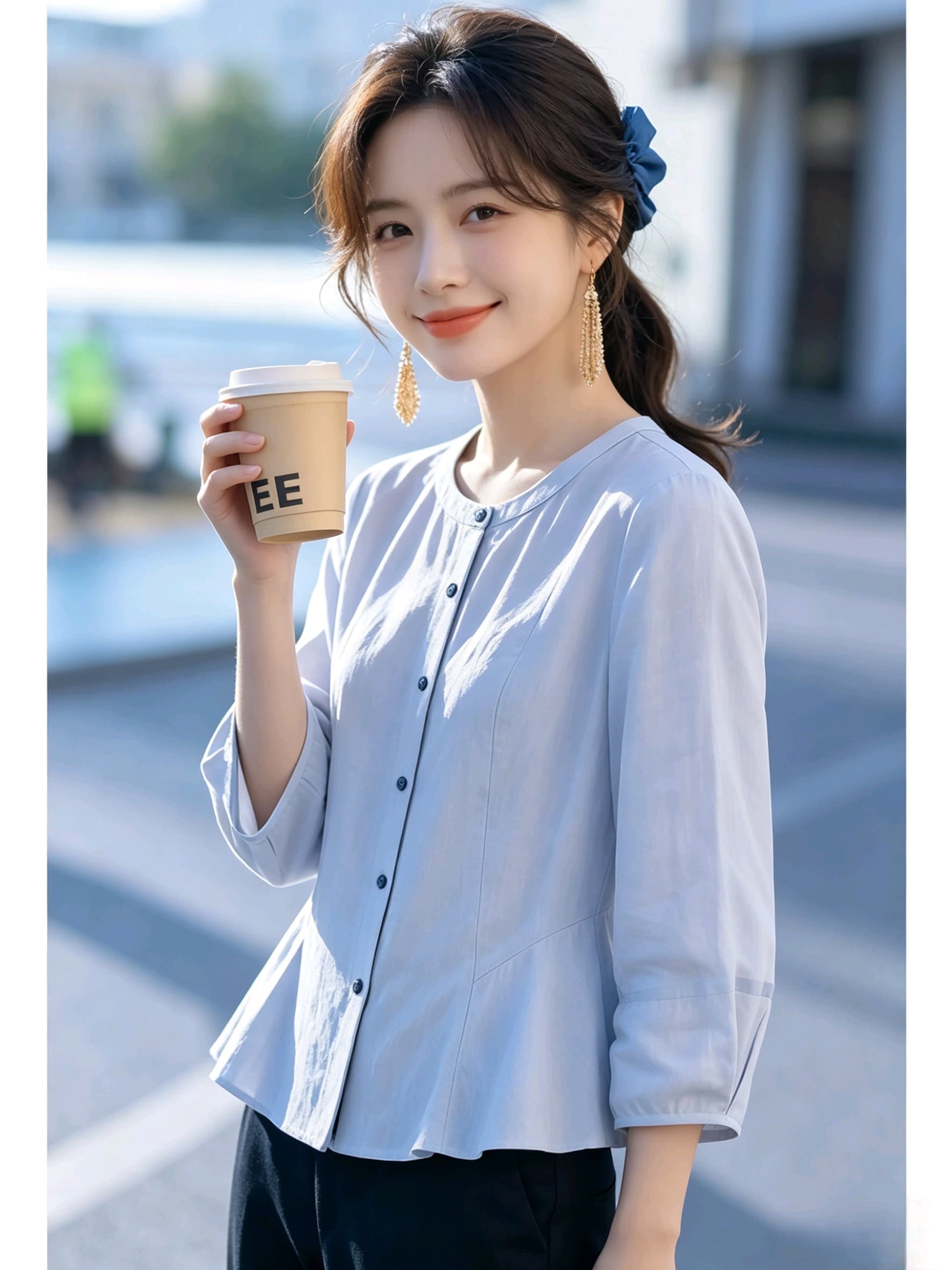 실사 허리 수축 슬림해 보이는 중간 소매 여성 셔츠 여름 얇은 스타일 면 린넨 맨위 출퇴근 미니멀리즘 라운드 넥 거품 소매 셔츠 상세 이미지 4