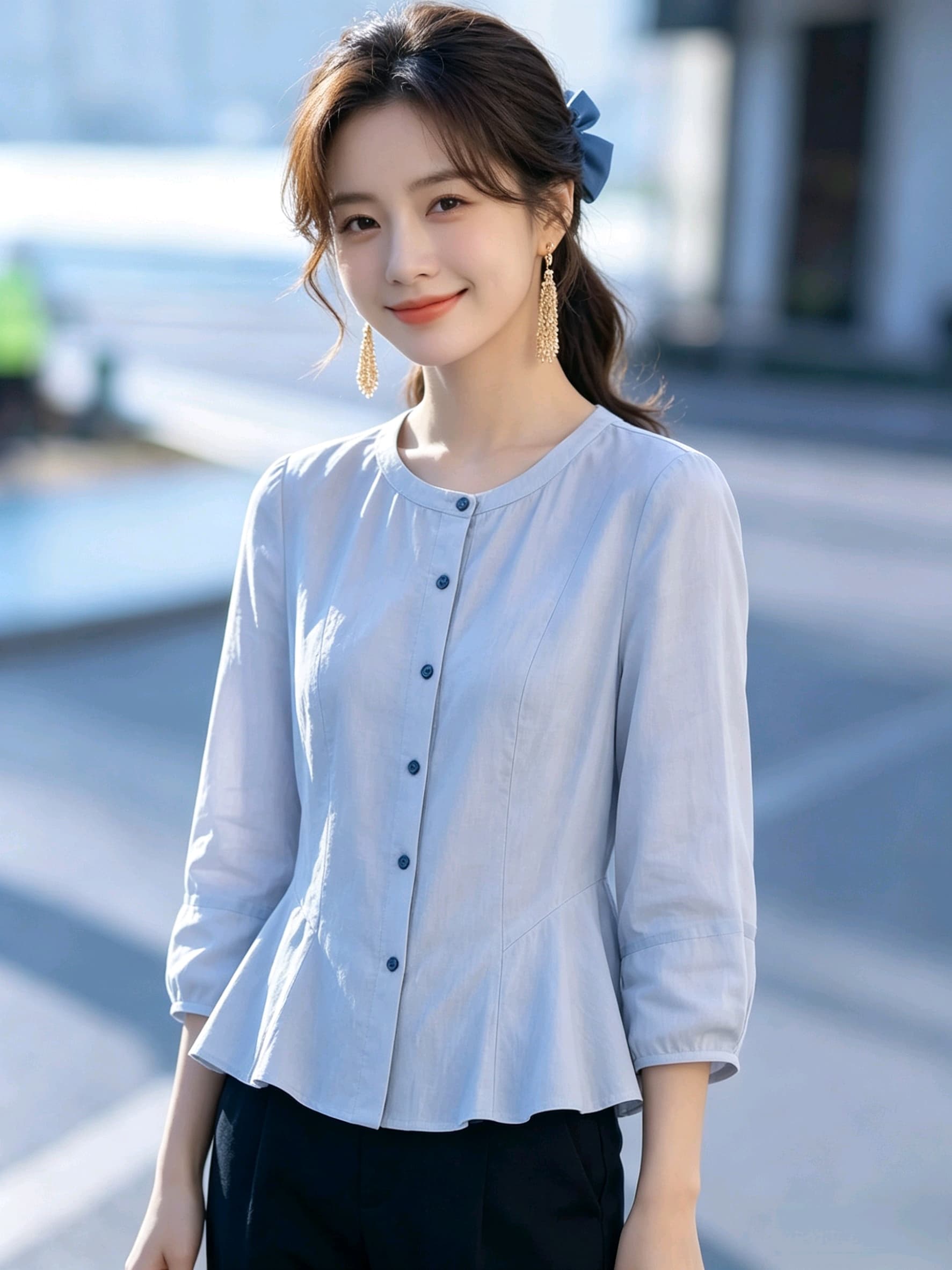 실사 허리 수축 슬림해 보이는 중간 소매 여성 셔츠 여름 얇은 스타일 면 린넨 맨위 출퇴근 미니멀리즘 라운드 넥 거품 소매 셔츠 상세 이미지 6