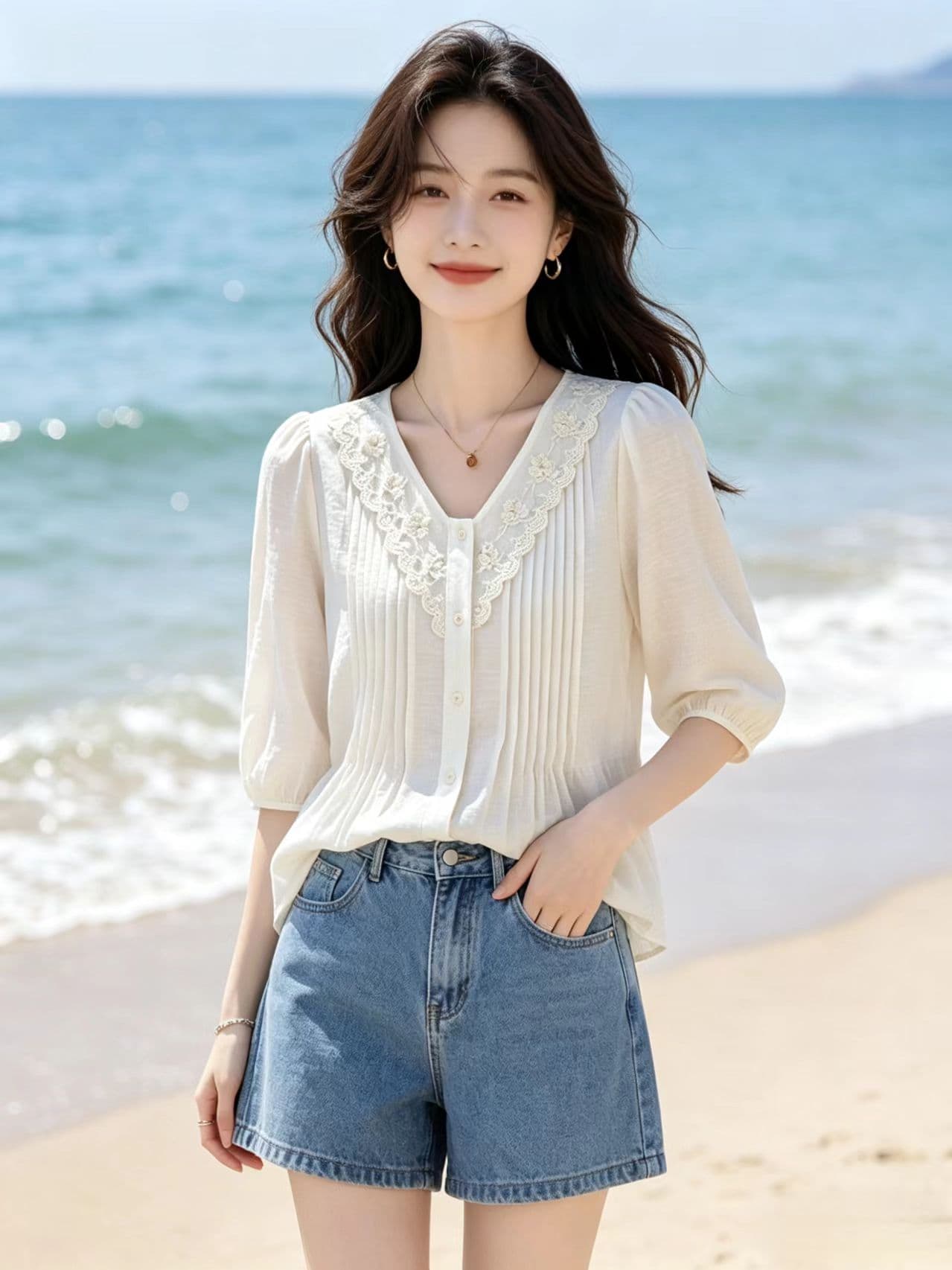 실사 프랑스식 레이스 레이스 V넥 여성 셔츠 질감 센스 디자인 센스 작은 대중 봄 슬림해 보이는 다용도 맨위 상세 이미지 9