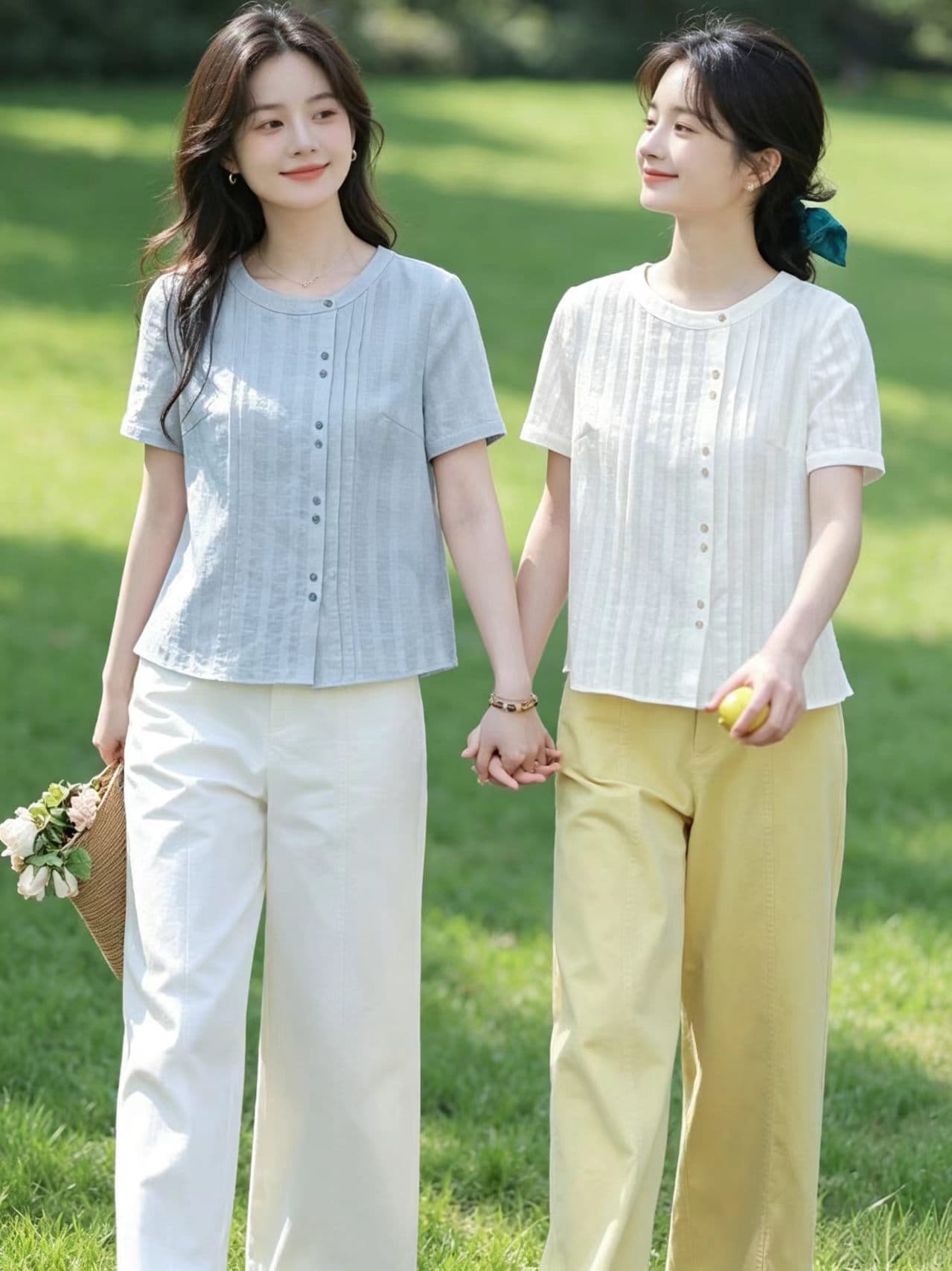 실사 여름 면 린넨 여성 셔츠 2026 반팔 자카드 라운드 넥 루즈핏 슬림해 보이는 부드러운 바람 문예 맨위 상세 이미지 1