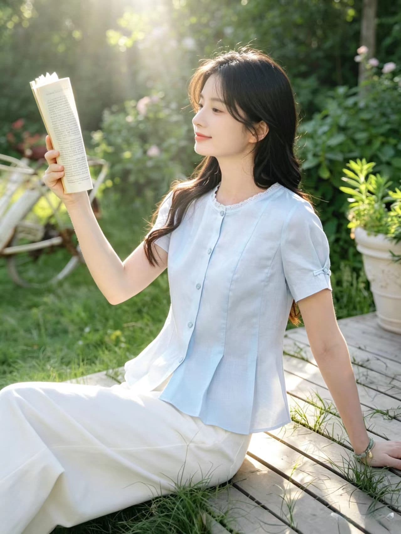 실사 하늘색 면 린넨 반팔 여성 셔츠 2026 여름 새로운 허리 수축 슬림해 보이는 라운드 넥 부드러운 바람 맨위 상세 이미지 2