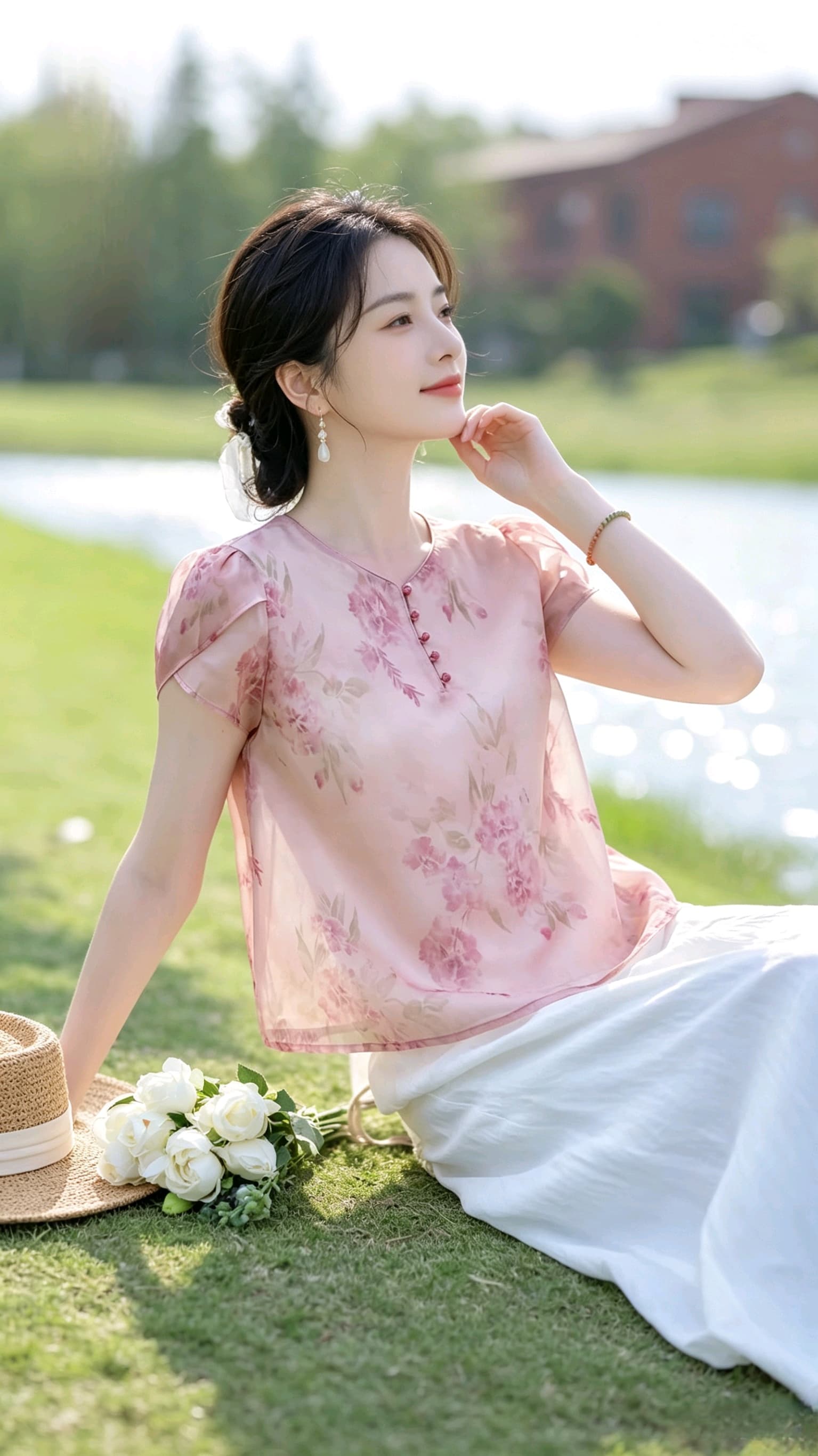 강남 바람 꽃무늬 반팔 맨위 부드러운 핑크색 통기성 쉬폰 블라우스 새로운 중식 루즈핏 슬림해 보이는 쇼트 스타일 셔츠 상세 이미지 1