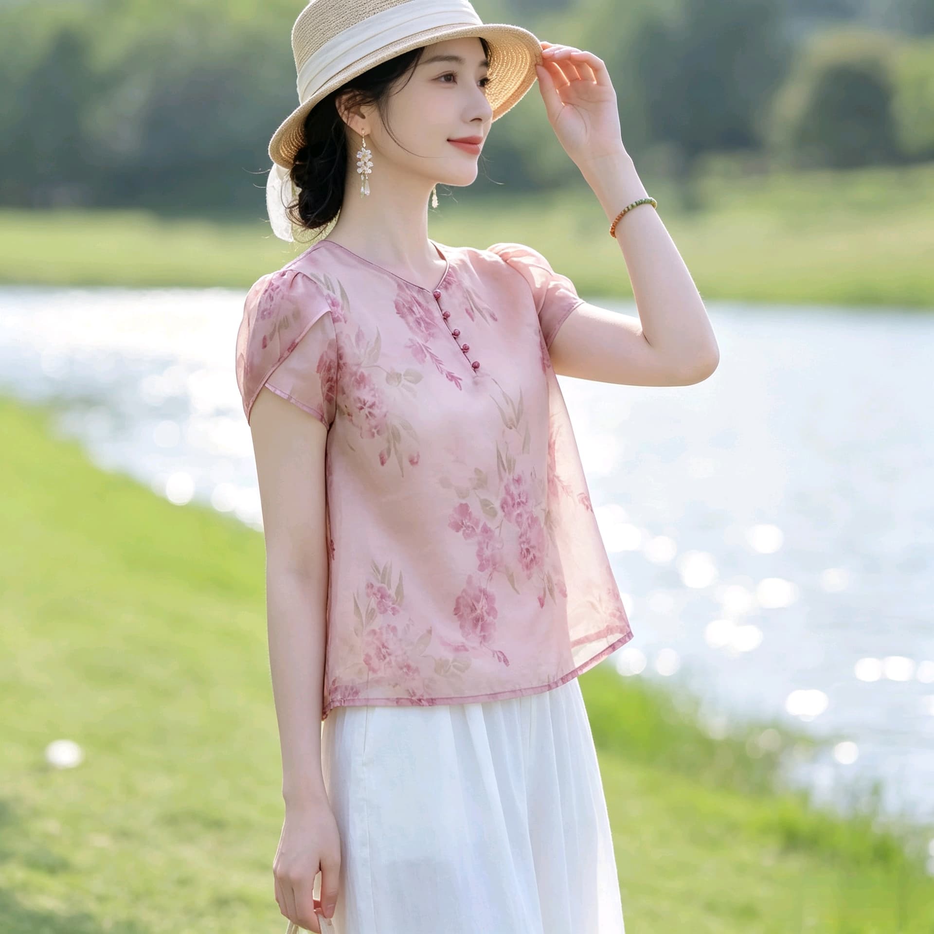 강남 바람 꽃무늬 반팔 맨위 부드러운 핑크색 통기성 쉬폰 블라우스 새로운 중식 루즈핏 슬림해 보이는 쇼트 스타일 셔츠 상세 이미지 11