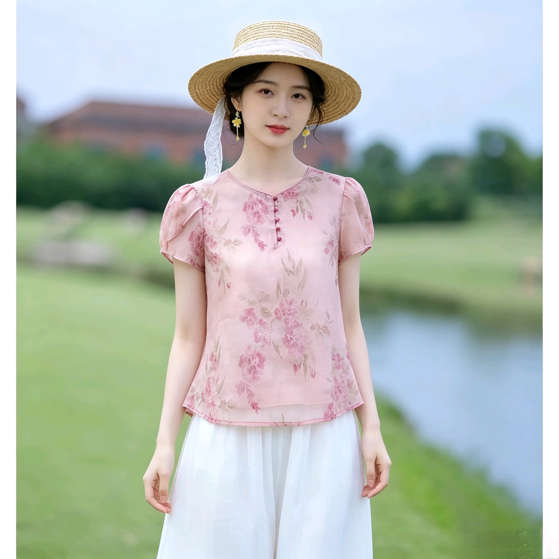 강남 바람 꽃무늬 반팔 맨위 부드러운 핑크색 통기성 쉬폰 블라우스 새로운 중식 루즈핏 슬림해 보이는 쇼트 스타일 셔츠 상세 이미지 13