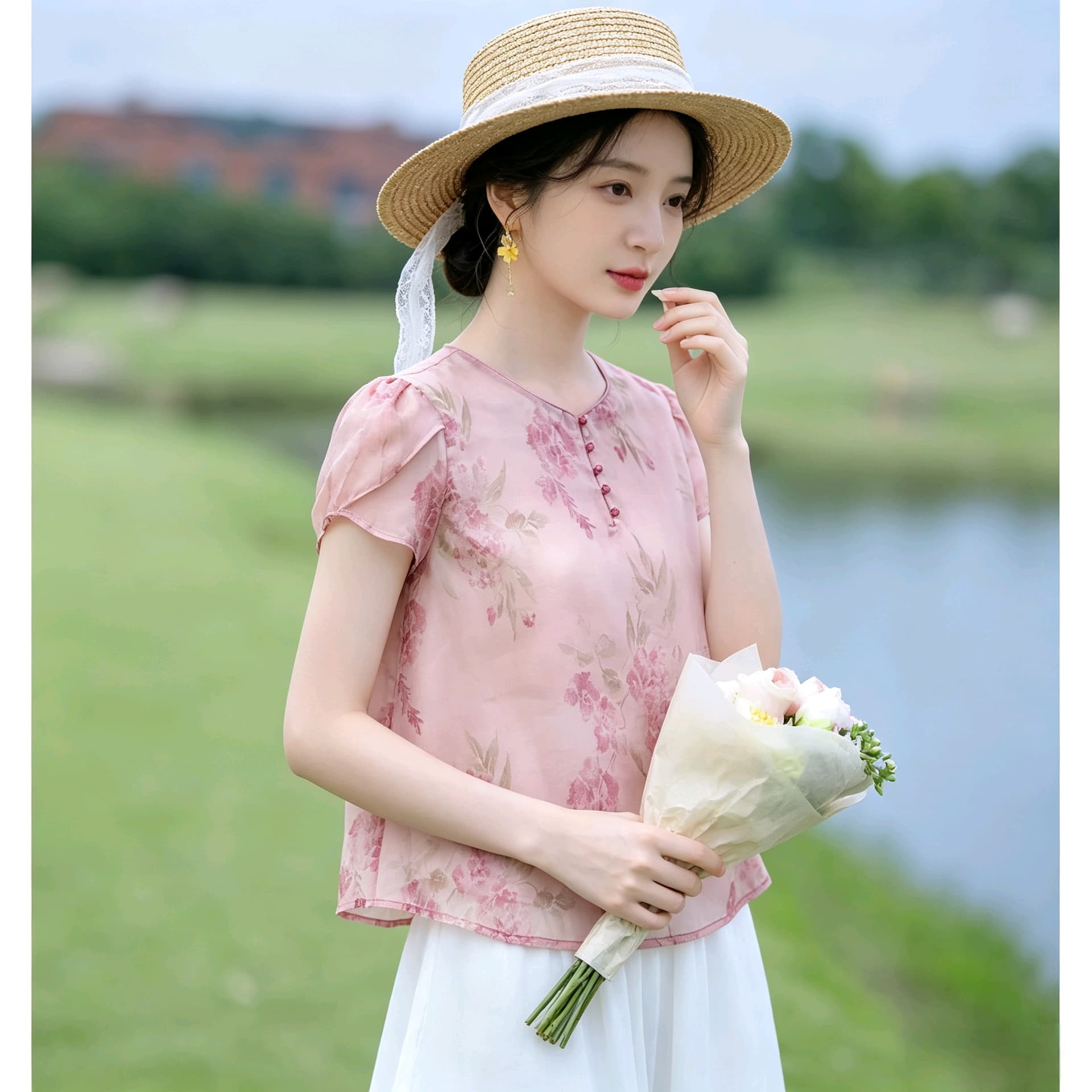 강남 바람 꽃무늬 반팔 맨위 부드러운 핑크색 통기성 쉬폰 블라우스 새로운 중식 루즈핏 슬림해 보이는 쇼트 스타일 셔츠 상세 이미지 14