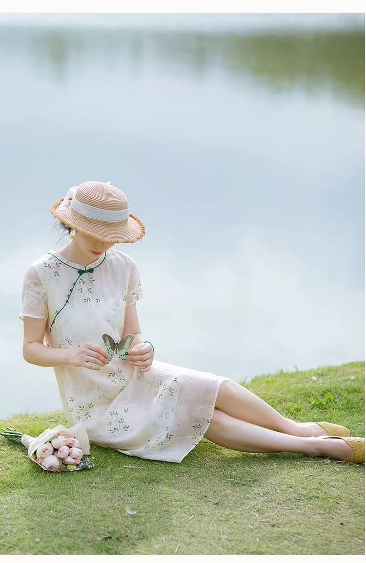 여름 새로운 밝은 노란색 얇은 스타일 꽃무늬 치파오 드레스 통기성 국풍 드레스 여행 출퇴근 슬림해 보이는 드레스 상세 이미지 12