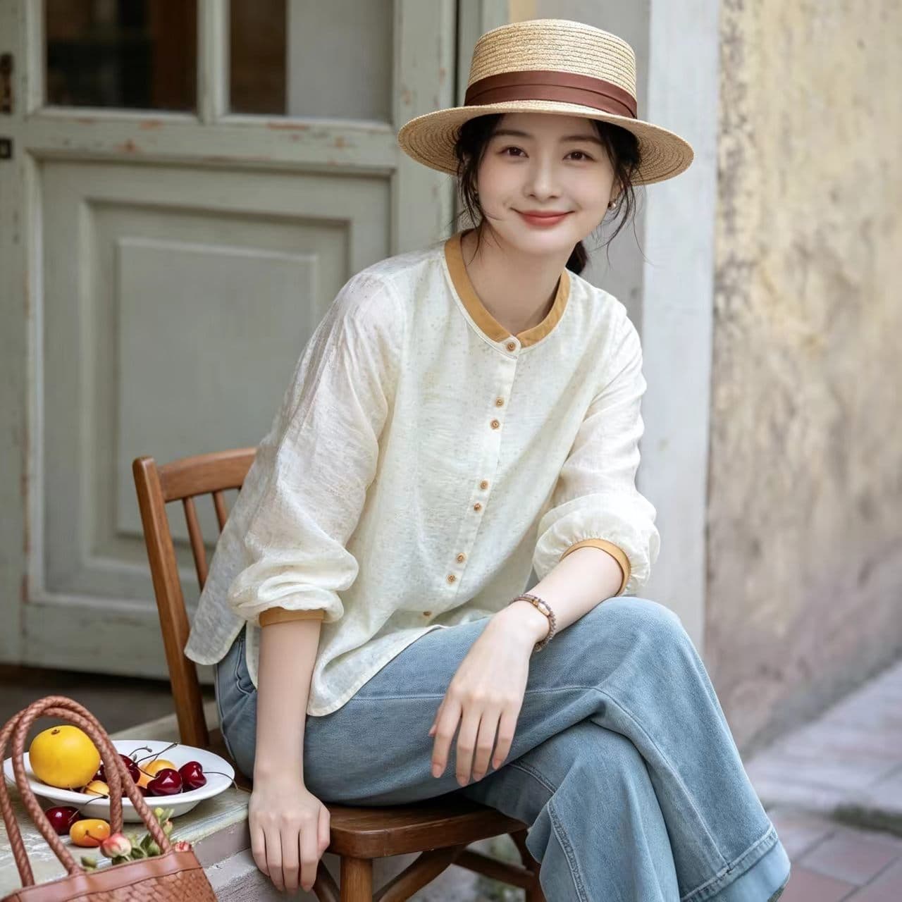 레트로 배색 라운드 넥 꽃무늬 여성 셔츠 봄 여름 루즈핏 7부 소매 문예 품격 작은 키 셔츠 상세 이미지 1