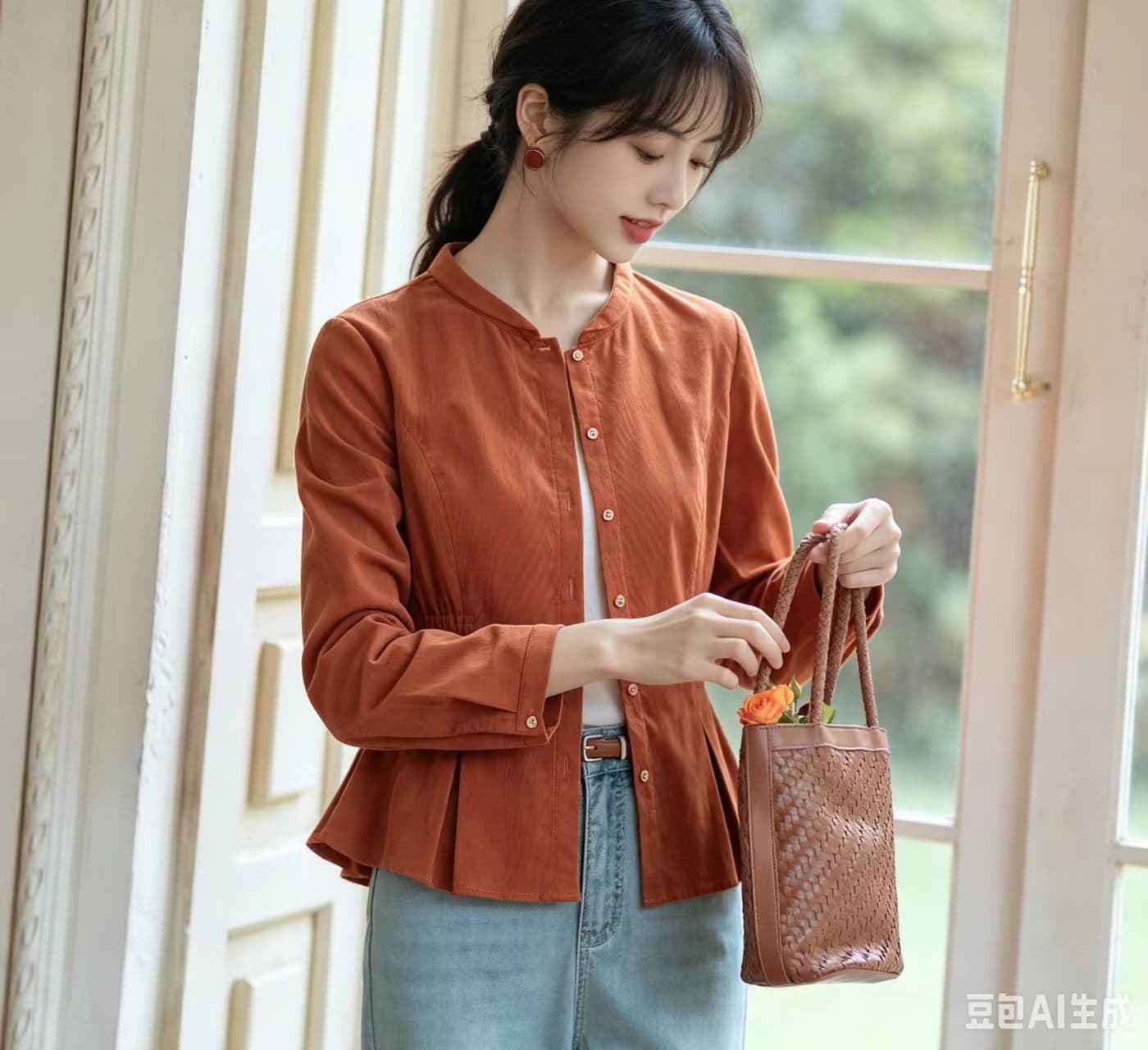 봄 가을 새로운 새로운 중식 스탠드 칼라 여성 셔츠 허리 수축 표지 배 연꽃 잎 밑단 레트로 캐러멜 색상 맨위 상세 이미지 2