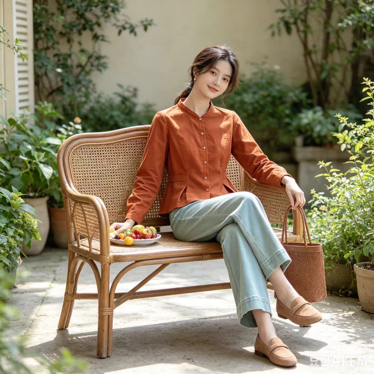 봄 가을 새로운 새로운 중식 스탠드 칼라 여성 셔츠 허리 수축 표지 배 연꽃 잎 밑단 레트로 캐러멜 색상 맨위 상세 이미지 6