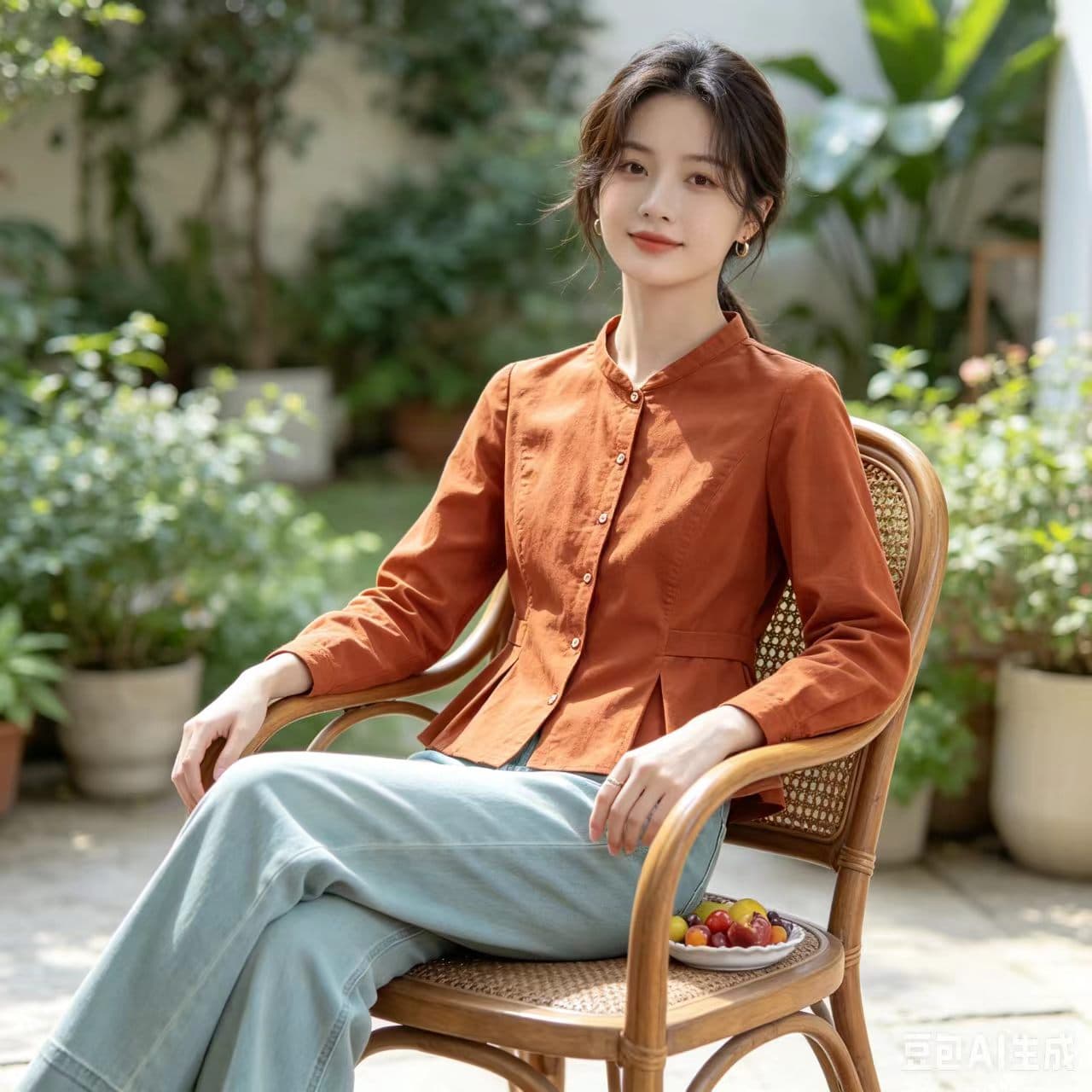 봄 가을 새로운 새로운 중식 스탠드 칼라 여성 셔츠 허리 수축 표지 배 연꽃 잎 밑단 레트로 캐러멜 색상 맨위 상세 이미지 8