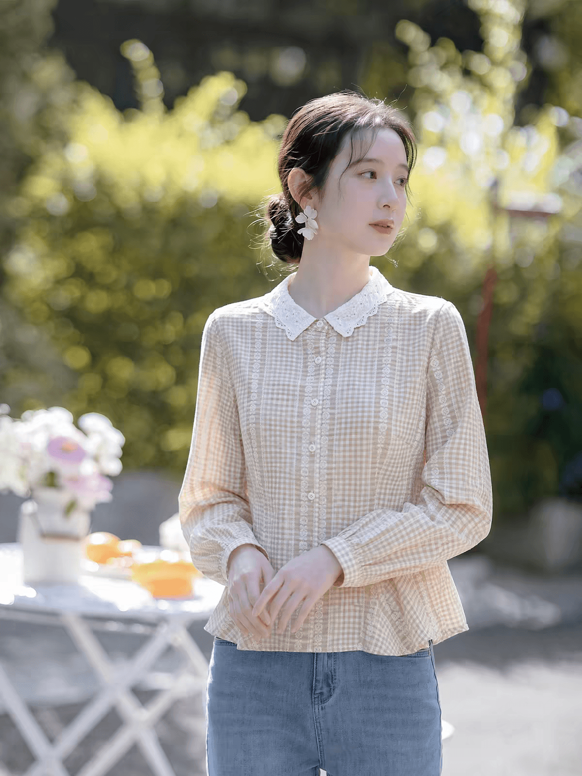 문예 레이스 베이비 칼라 체크무늬 여성 셔츠 봄 가을 자수 허리 수축 작은 키 쇼트 스타일 부드러운 긴팔 셔츠