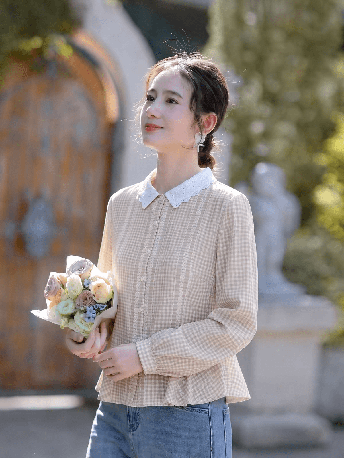 문예 레이스 베이비 칼라 체크무늬 여성 셔츠 봄 가을 자수 허리 수축 작은 키 쇼트 스타일 부드러운 긴팔 셔츠 이미지 3