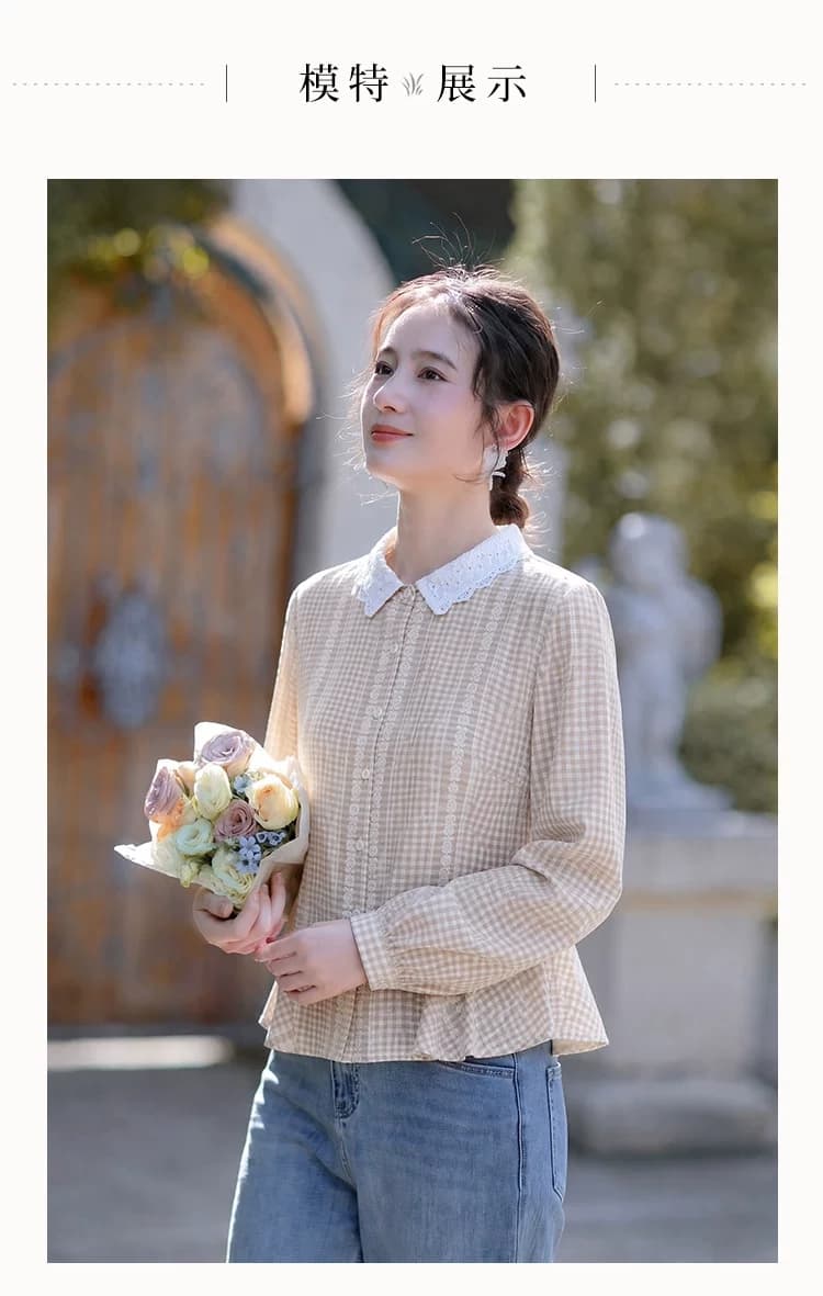 문예 레이스 베이비 칼라 체크무늬 여성 셔츠 봄 가을 자수 허리 수축 작은 키 쇼트 스타일 부드러운 긴팔 셔츠 상세 이미지 5