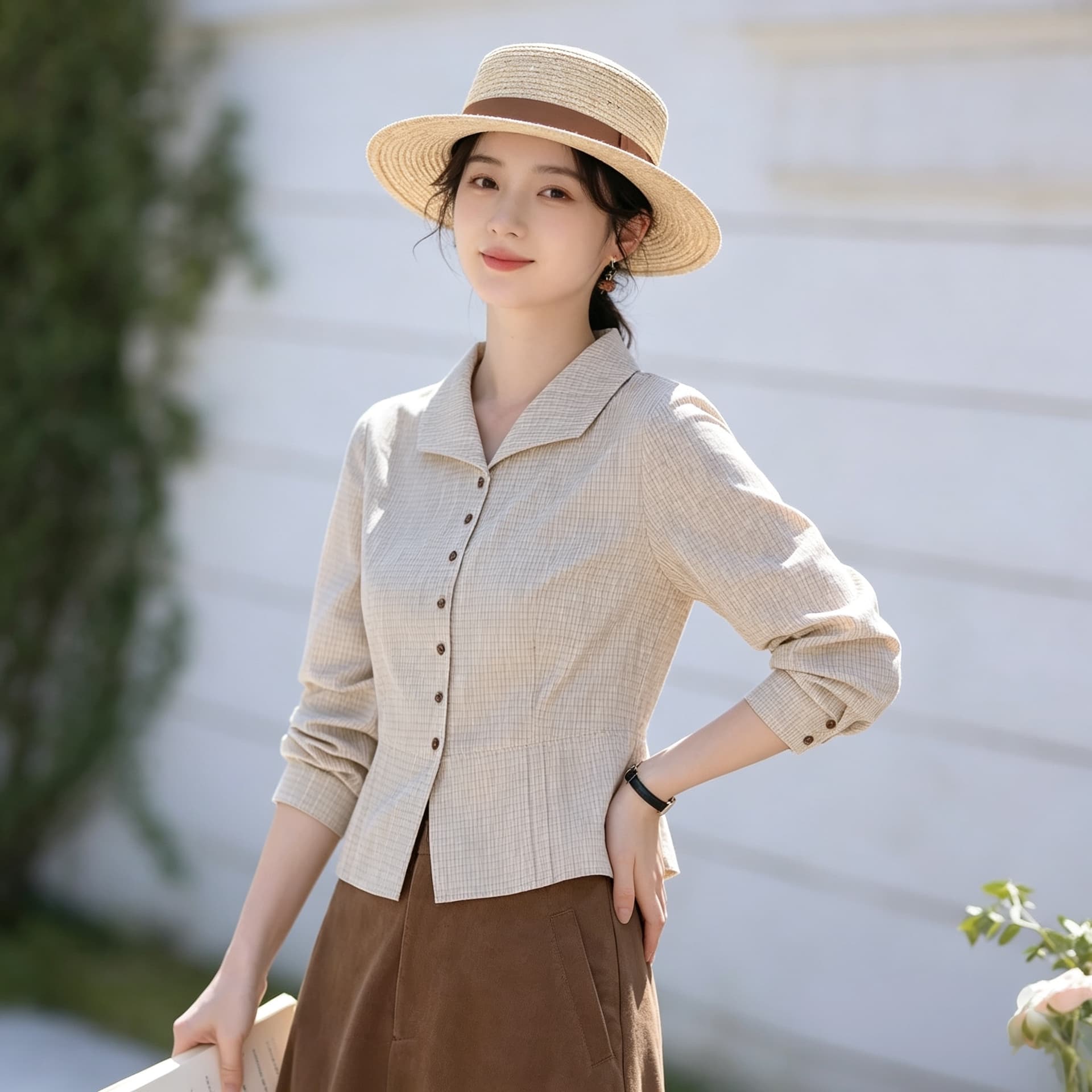 문예 좋은 체크무늬 폴로 칼라 허리 수축 쇼트 스타일 여성 셔츠 가을 레트로 작은 그리드 긴팔 셔츠 슬림해 보이는 연꽃 잎 계속하다 이미지 2