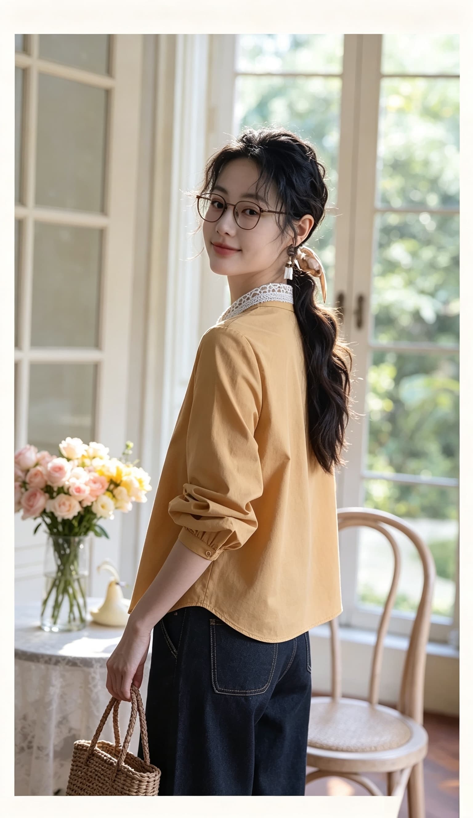 문예 부드러운 바람 홀로우 아웃 레이스 칼라 심황 색상 루즈핏 맨위 여성 출퇴근 슬림해 보이는 긴팔 면 소재 셔츠 상세 이미지 7