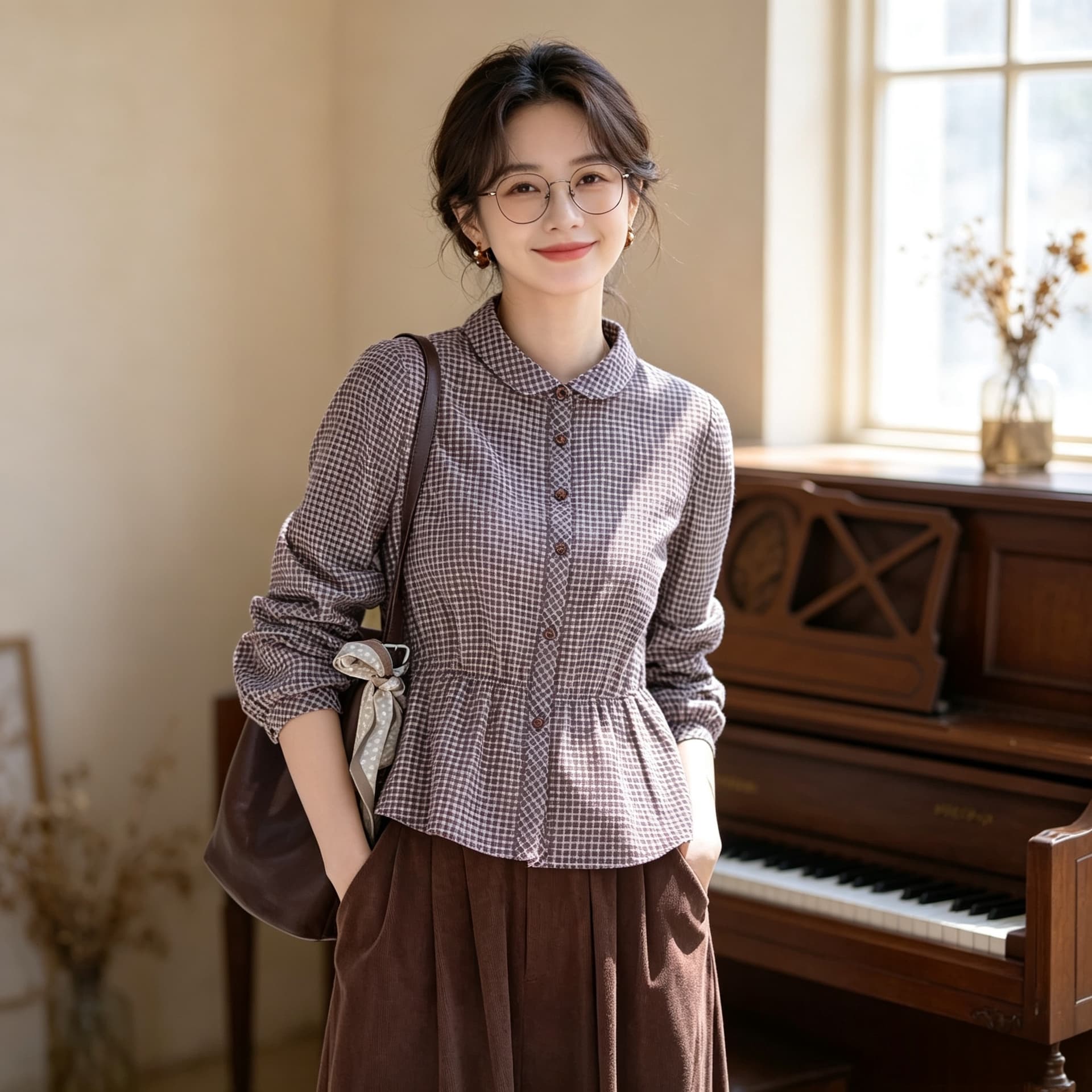 일본식 센 부서 좋은 체크무늬 맨위 여성 부드러운 슬림해 보이는 프릴 밑단 품격 출퇴근 면 센스 긴팔 셔츠 상세 이미지 7