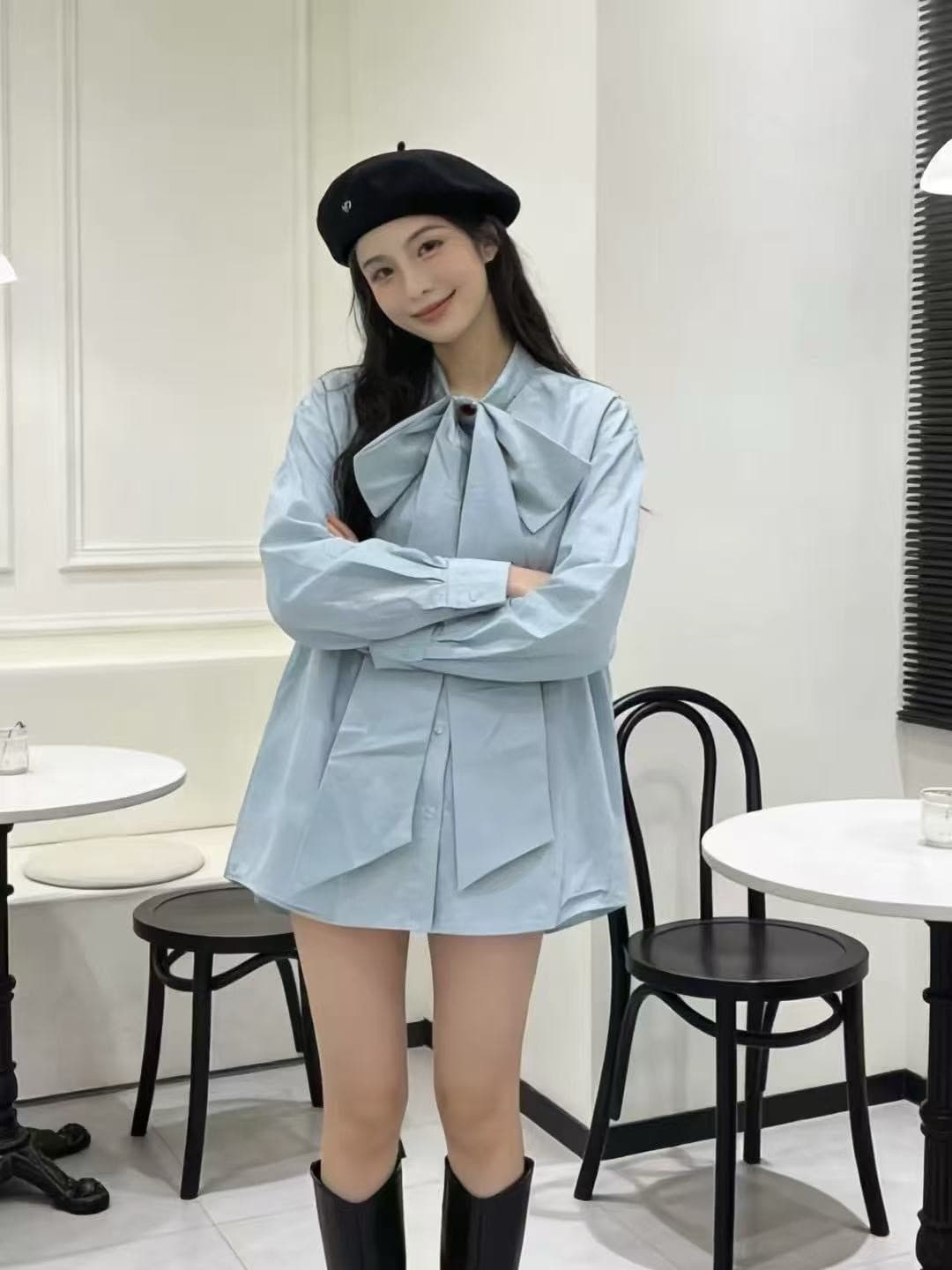 이른 봄 루즈핏 슬림해 보이는 나비 매듭 스트랩 긴팔 중간 길이 셔츠 맨위 이미지 3