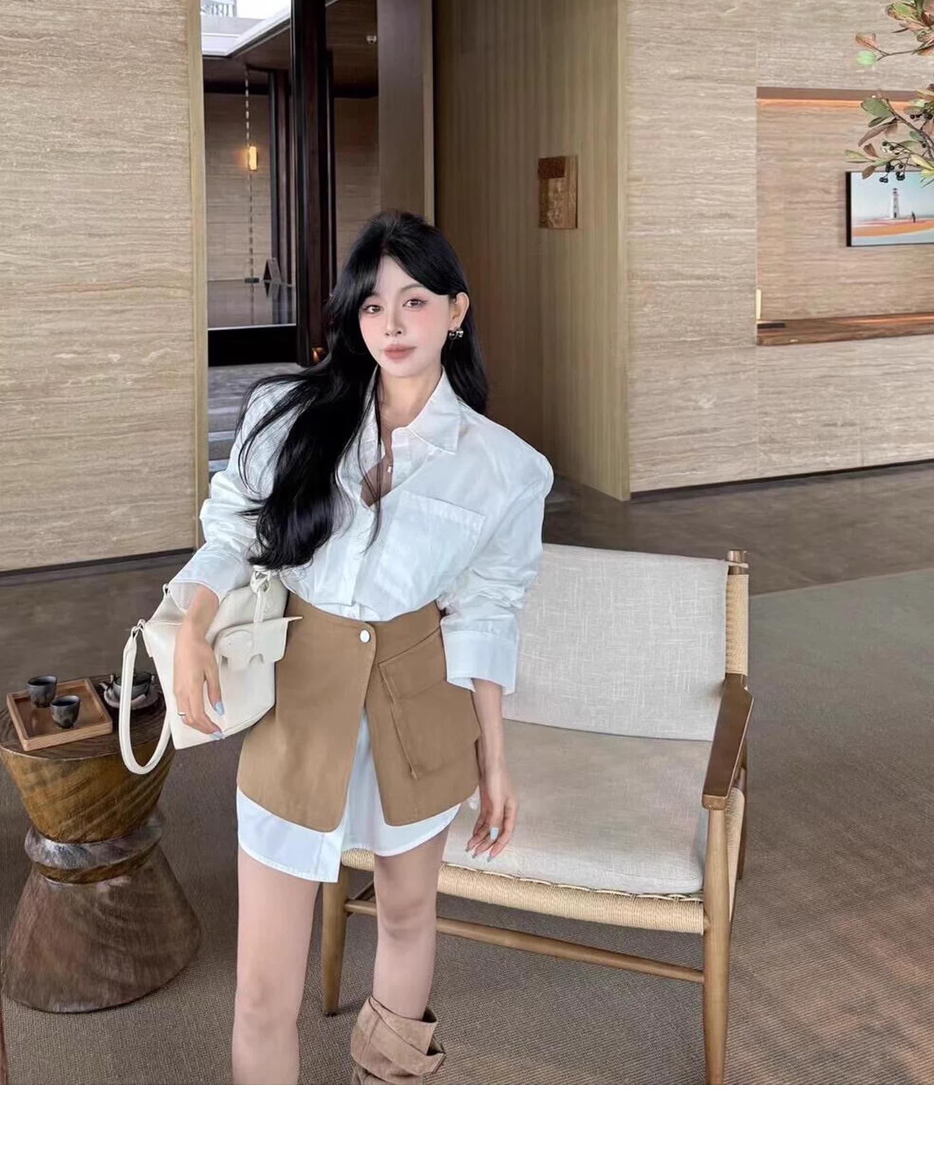 2026 년 봄 새로운 한국 스타일 패션 다용도 슬림해 보이는 홀로우 아웃 자수 셔츠 허리 인감 두 조각 여성 세트 이미지 4