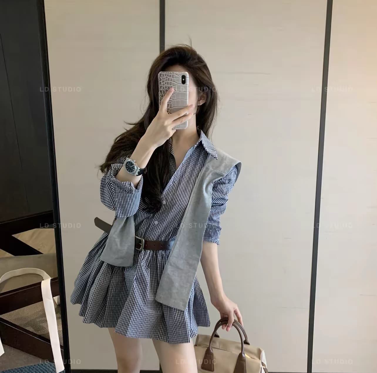 체크무늬 POLO 칼라 셔츠 여성 드레스 이른 가을 다용도 숄 벨트 3종 세트