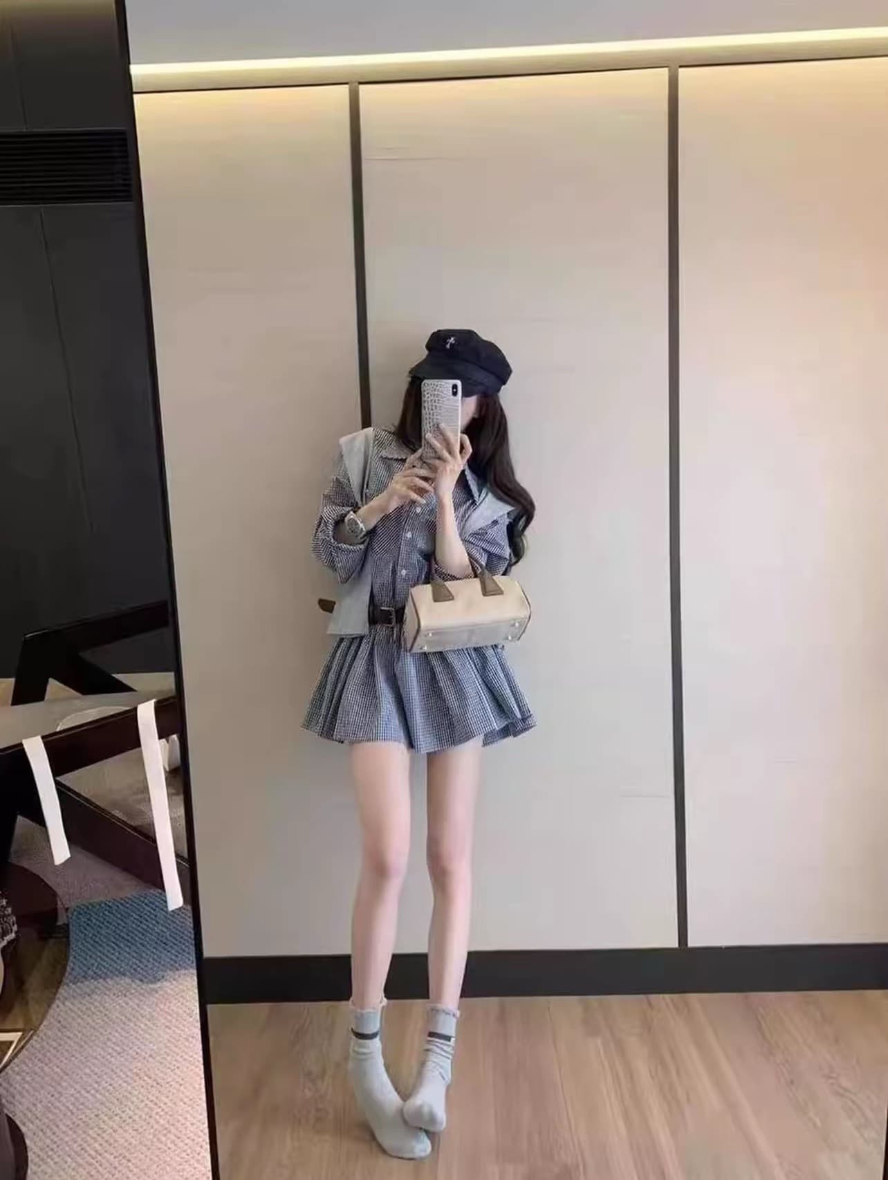 체크무늬 POLO 칼라 셔츠 여성 드레스 이른 가을 다용도 숄 벨트 3종 세트 이미지 3