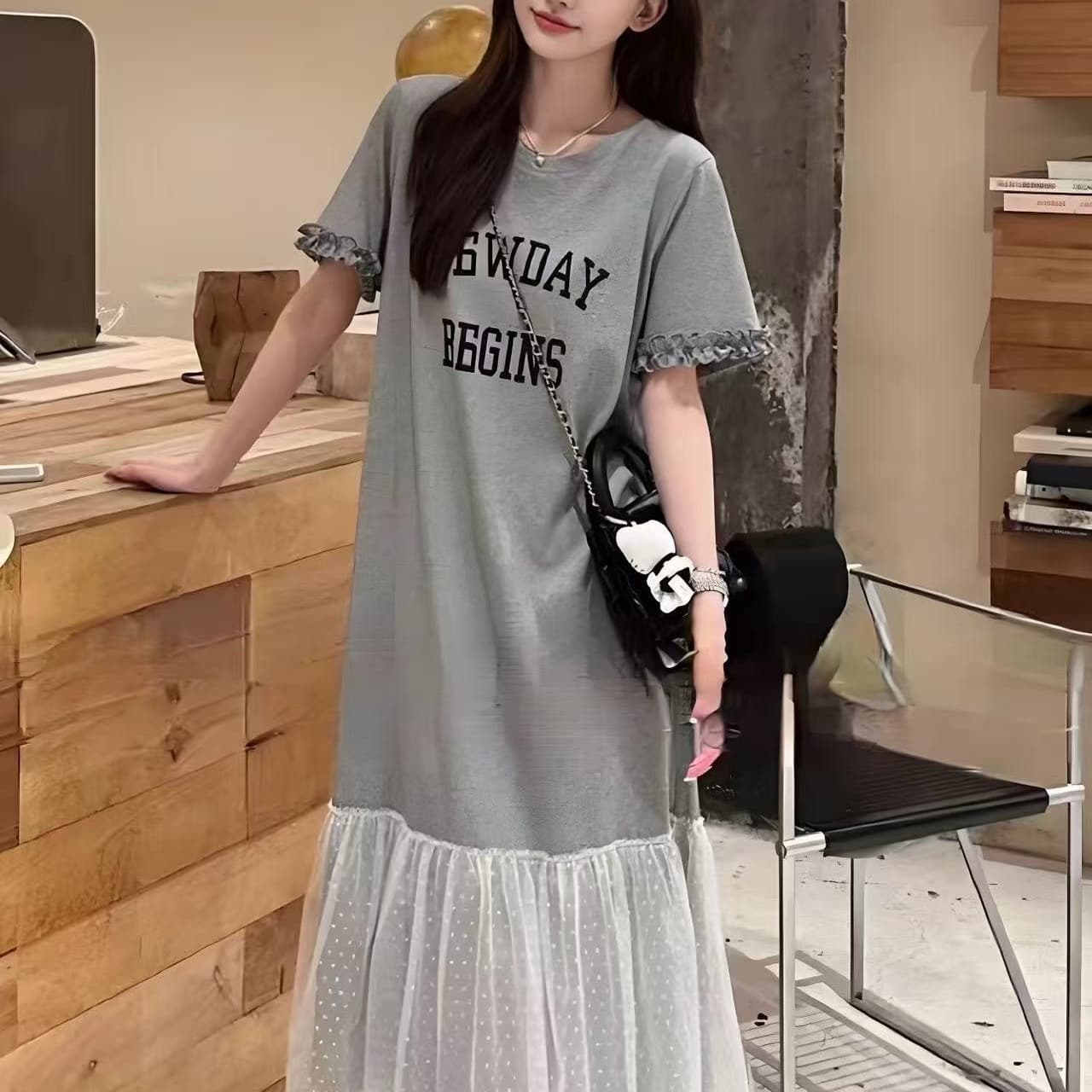 여름 알파벳 패치워크 티셔츠 치마 이미지 3